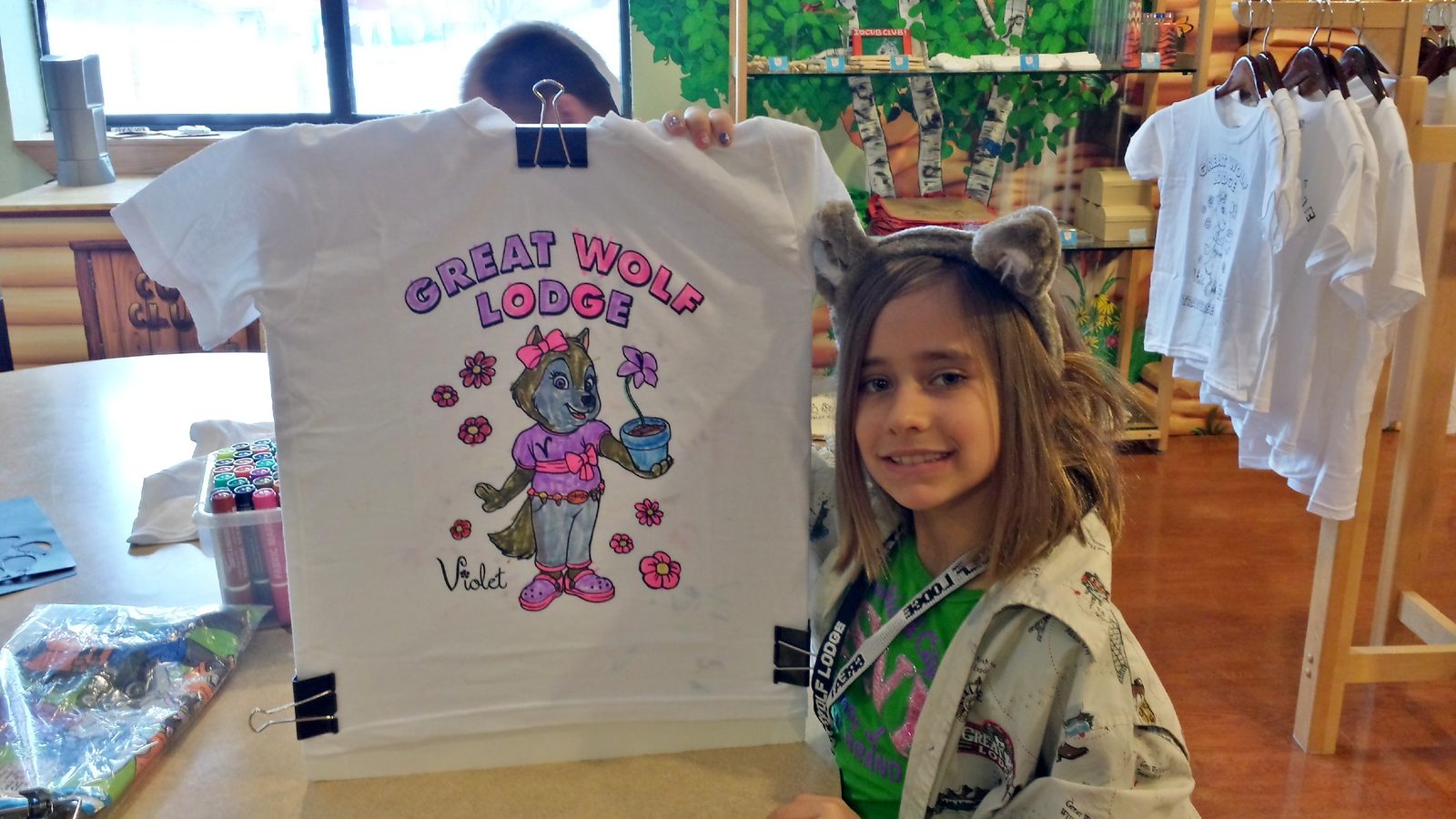 Lisa with the Great Wolf Lodge shirt she coloured