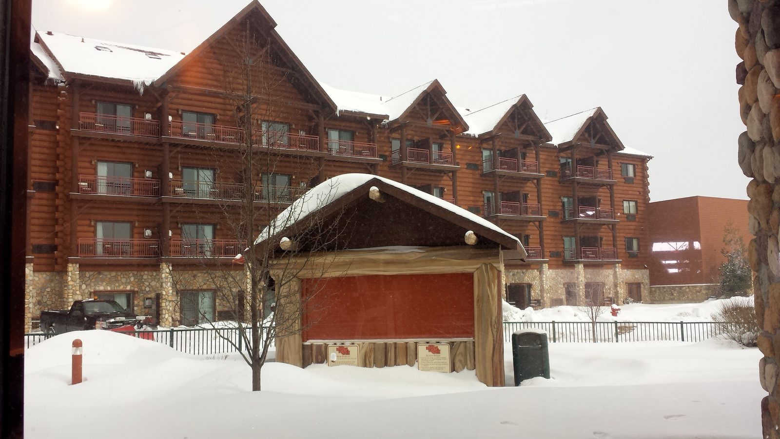 Snow outside the lodge