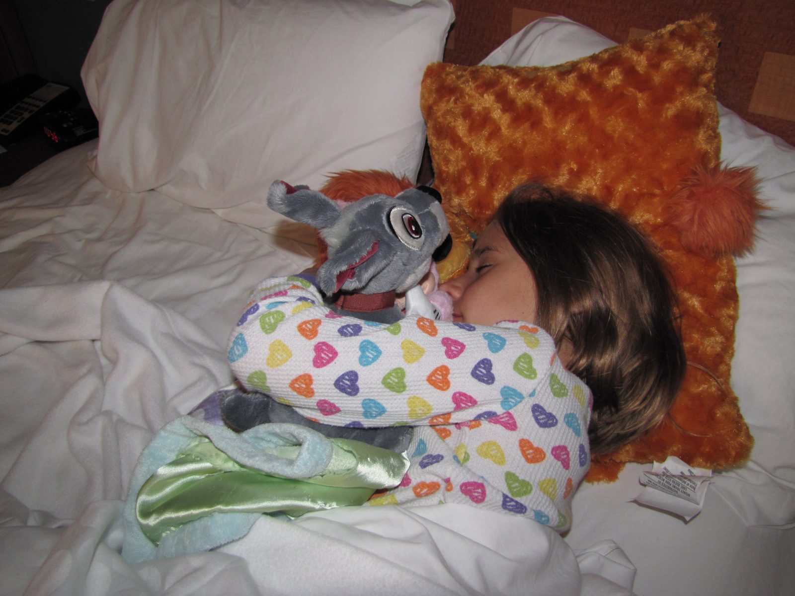 Lisa asleep with her stuffed husky