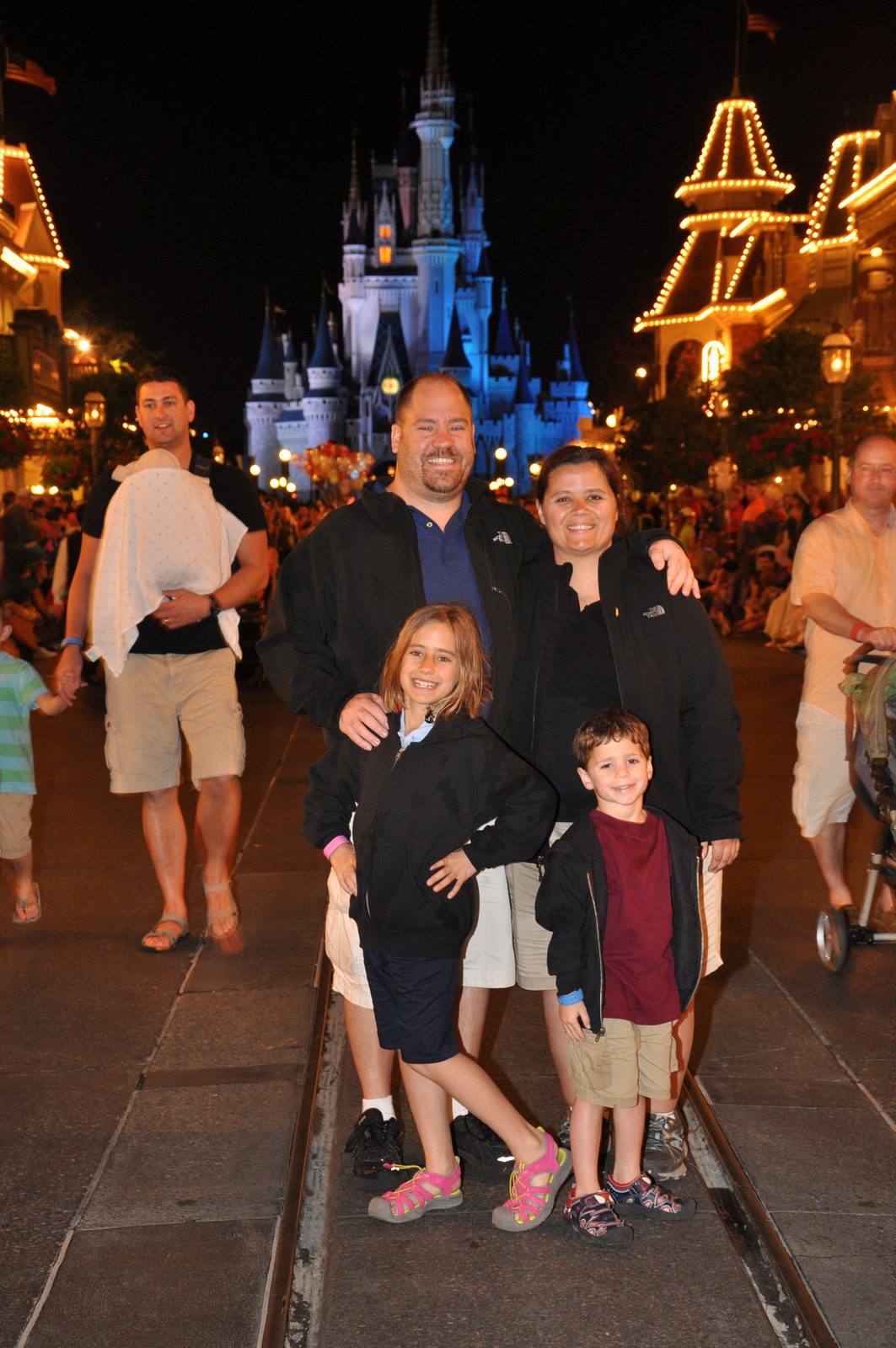 Our family at the castle after dark