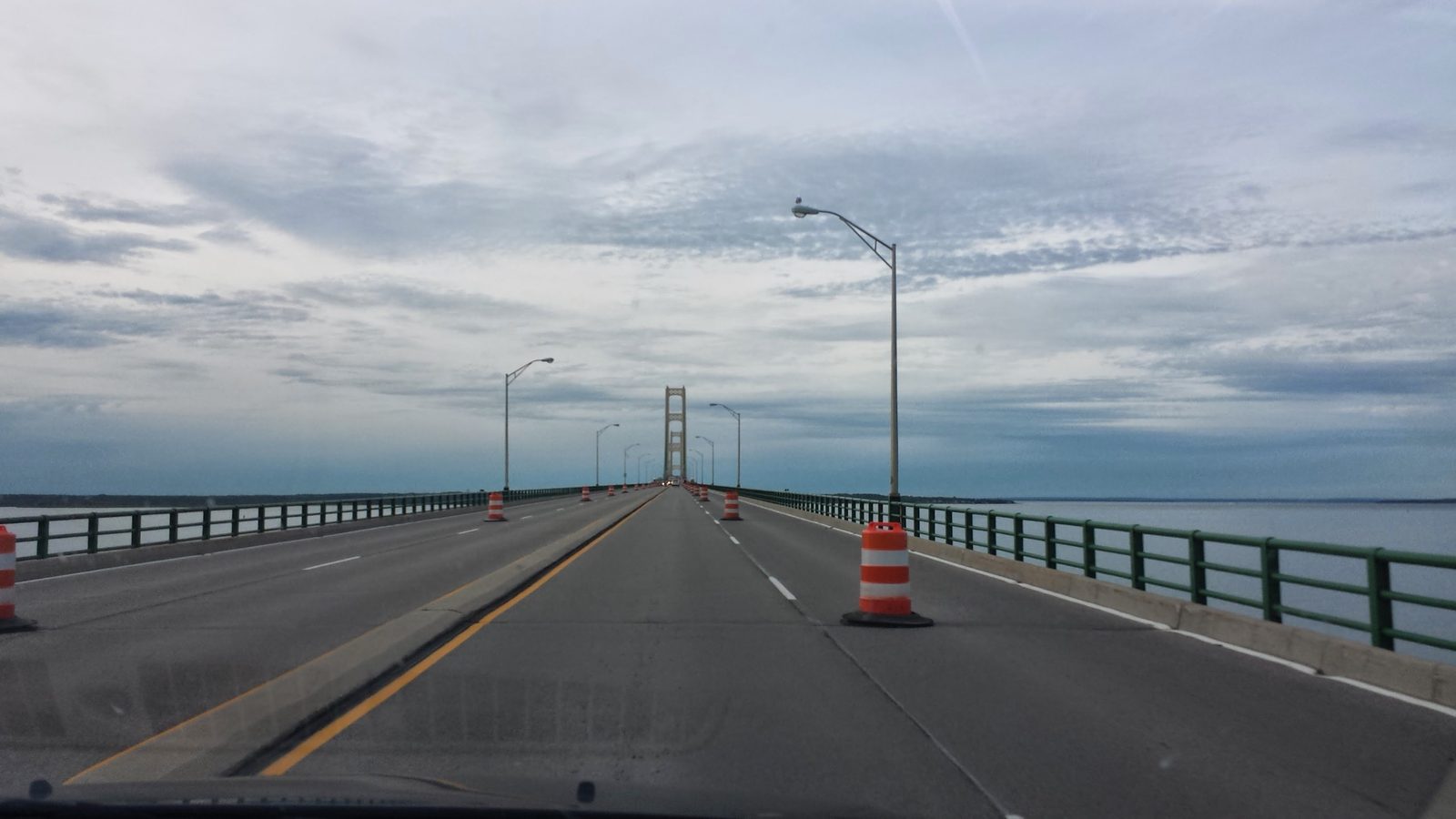 Crossing the Mackinac Bridge on our drive up