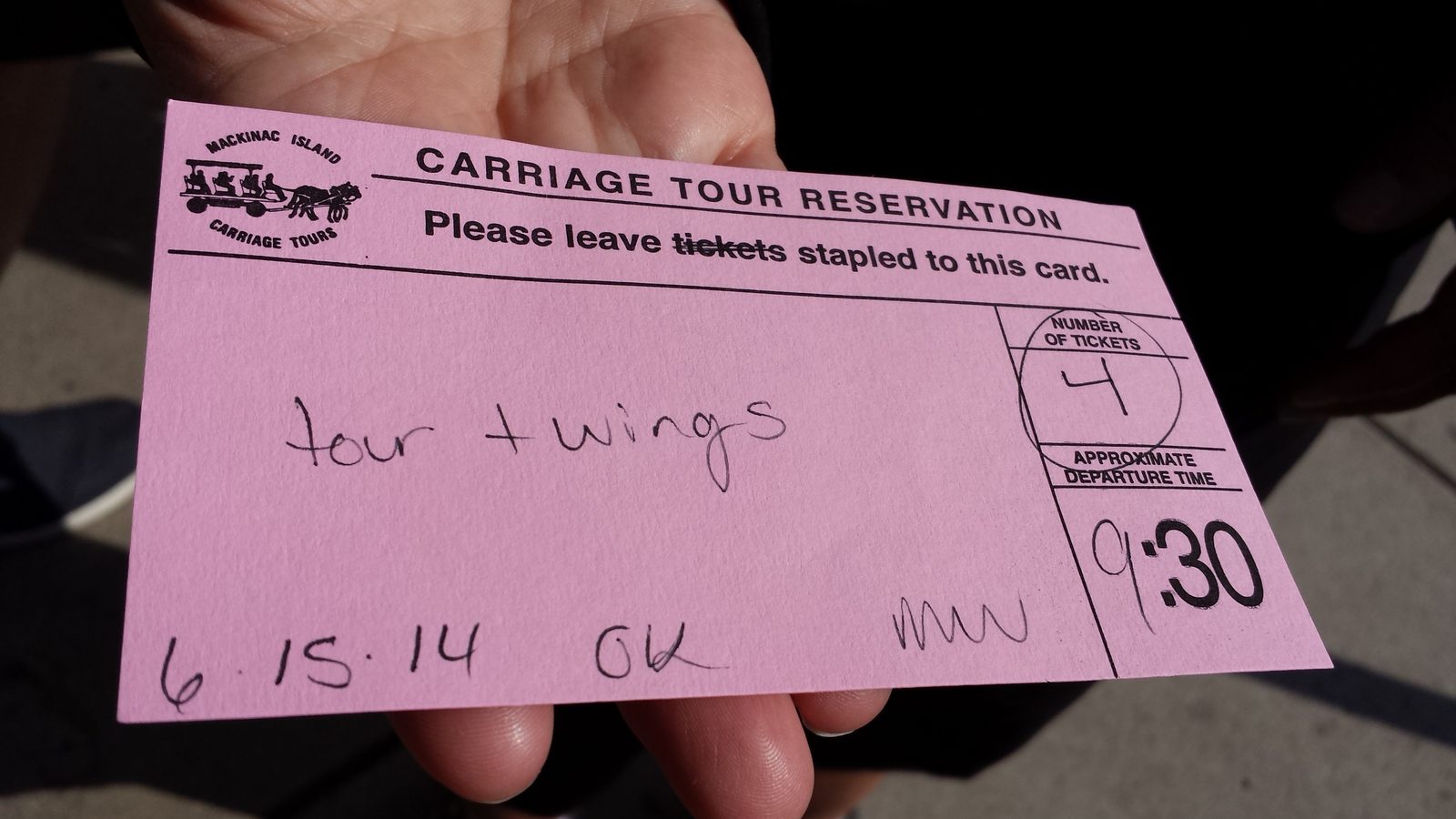 Our carriage tour tickets, four of us at nine-thirty