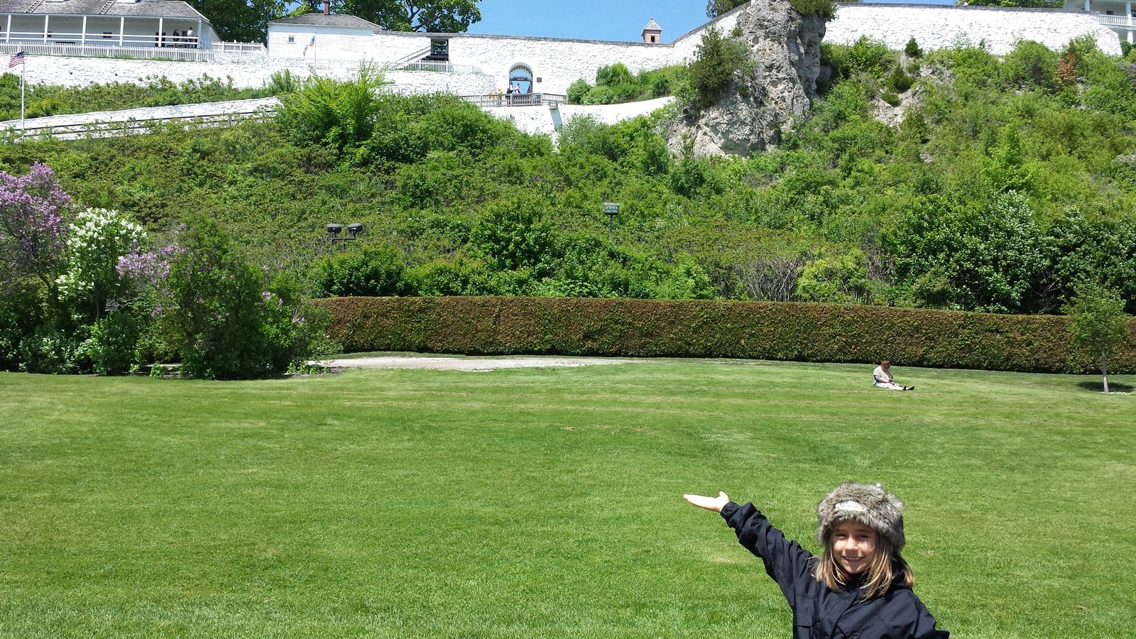 Lisa on the lawn below Fort Mackinac