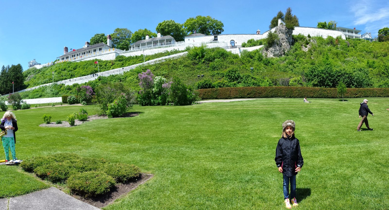 Lisa on the lawn below Fort Mackinac