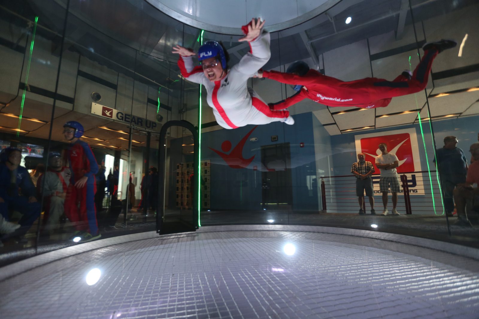 Kathy airborne in the wind tunnel