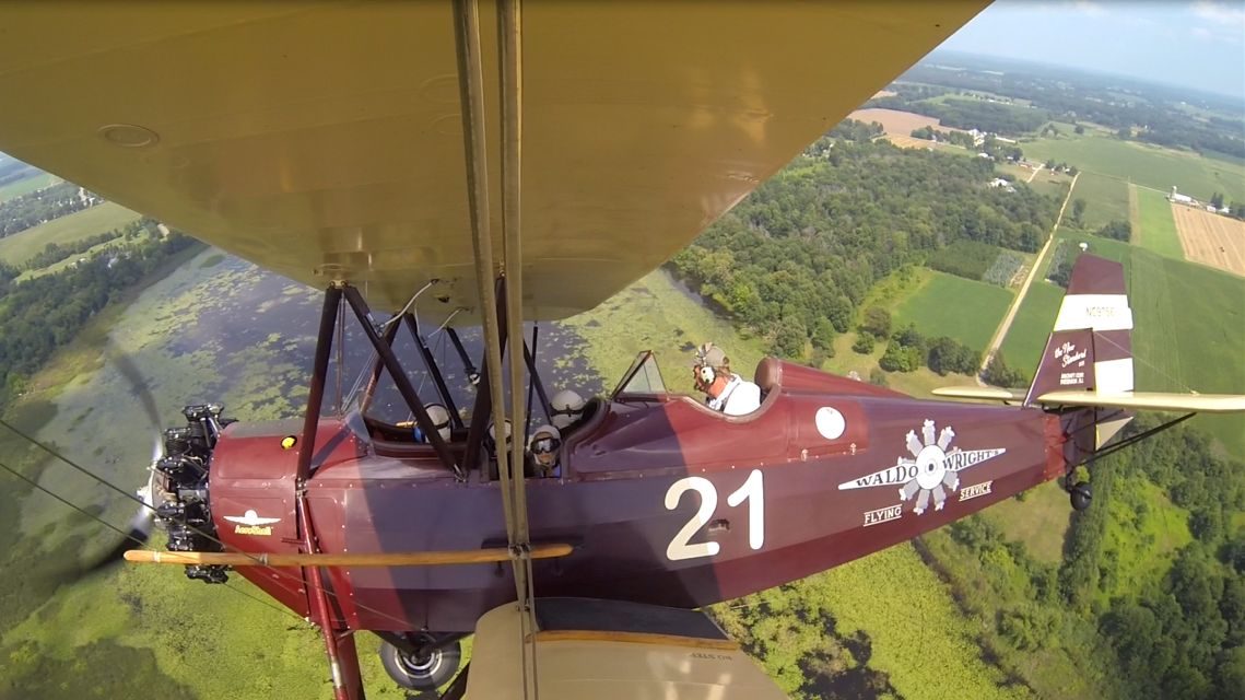 Our biplane high above Kalamazoo, from the wing camera