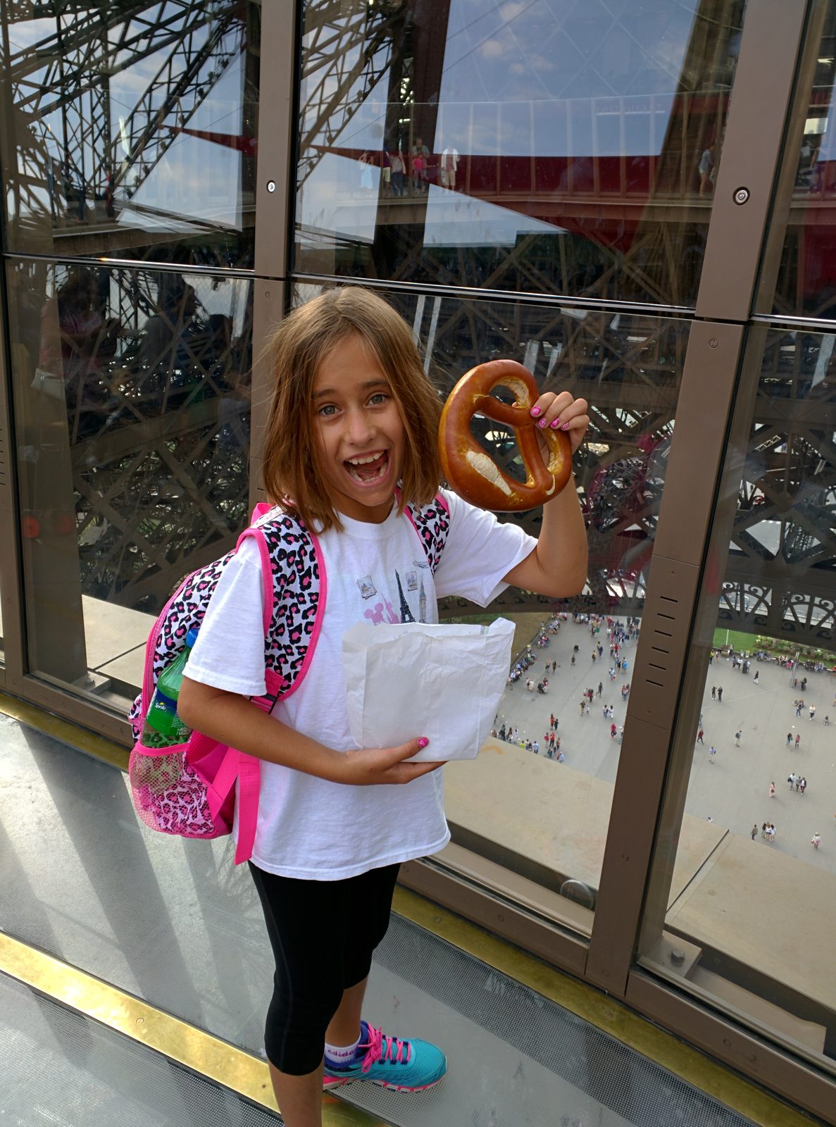 Lisa with a big pretzel on the Tower