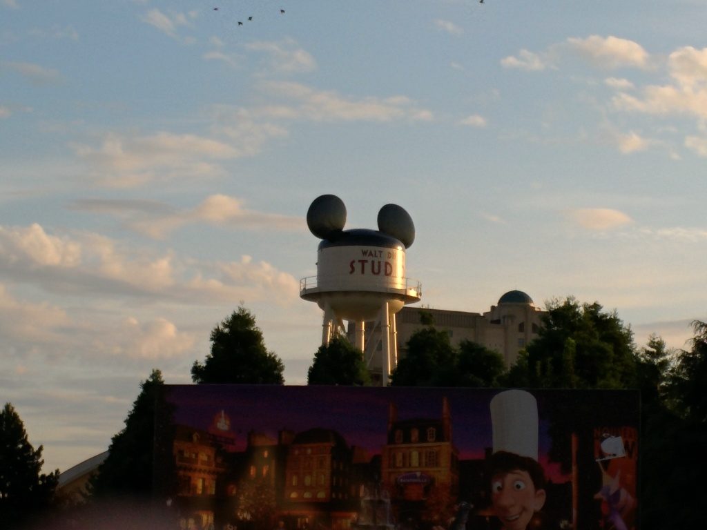 The Mickey-ears water tower at dusk