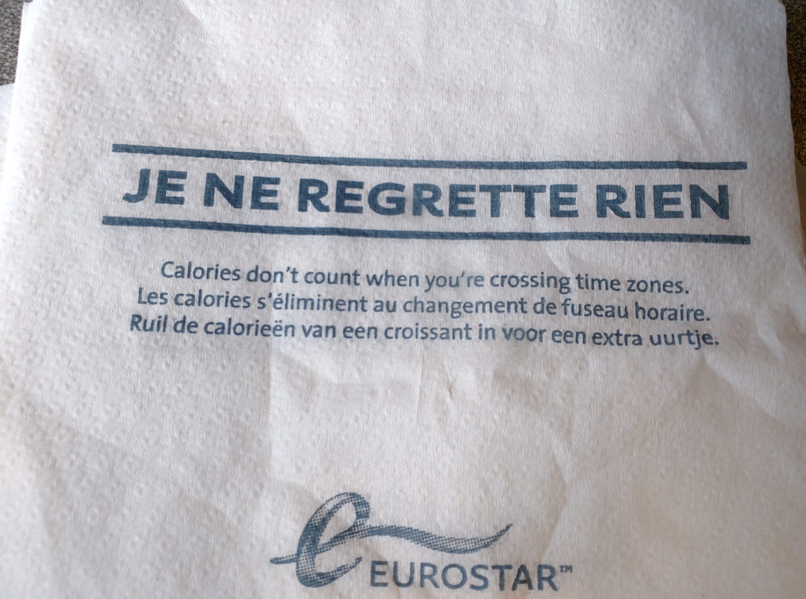 Eurostar napkin joking about time zones