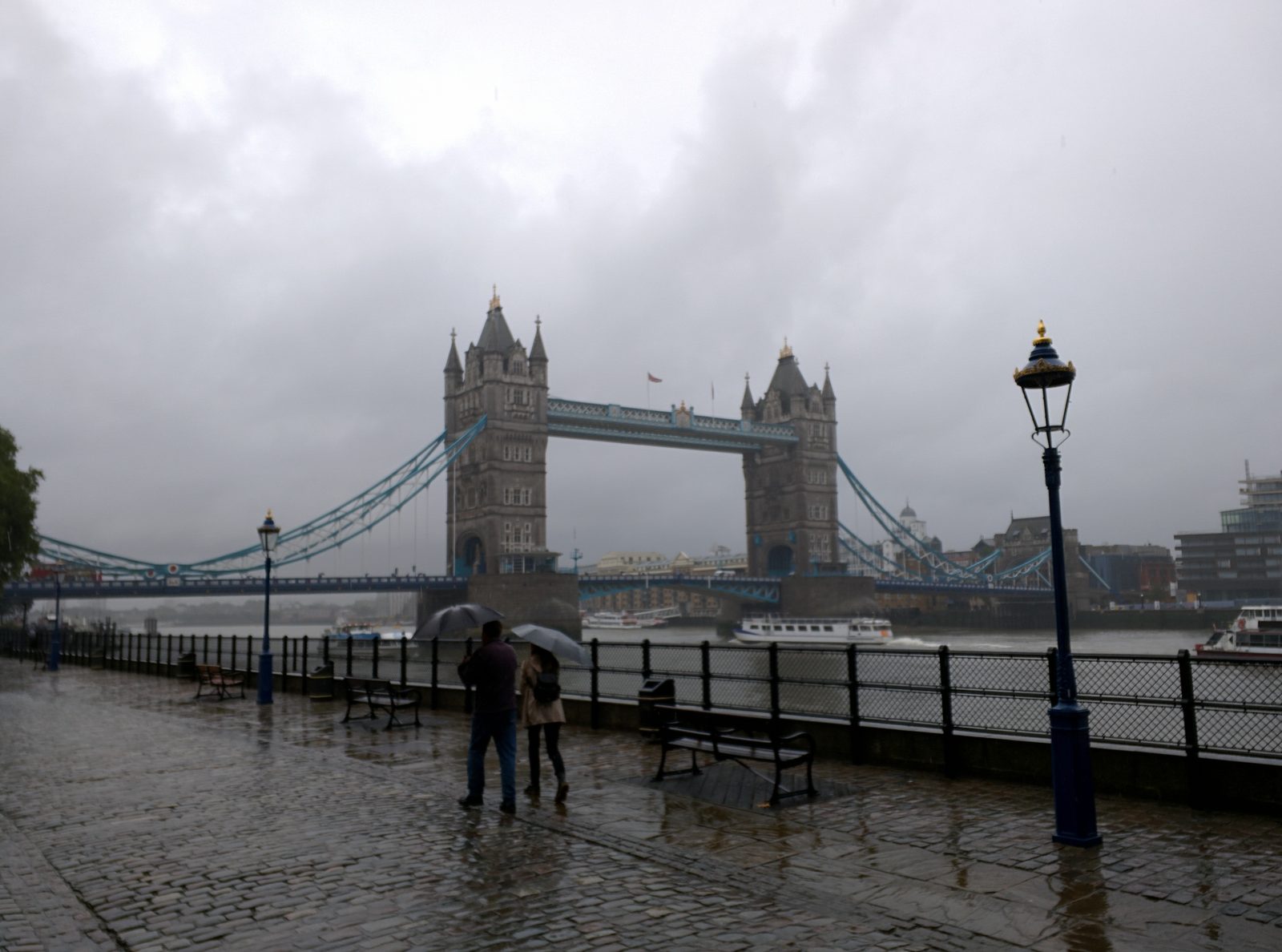 Tower Bridge in the rain from the Thames path
