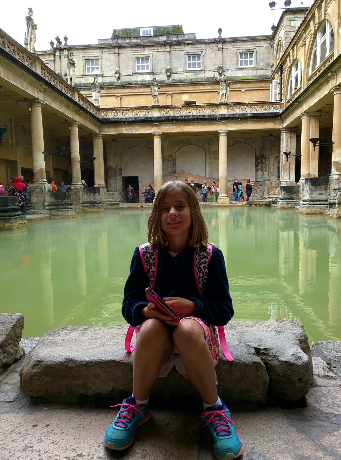 Lisa beside the Great Bath at the Roman Baths