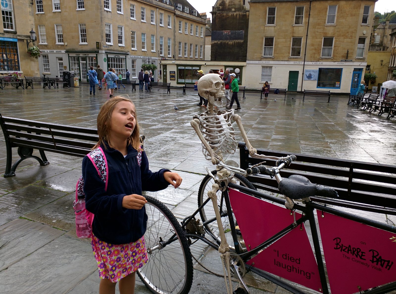 Lisa and a skeleton on a bike in Bath