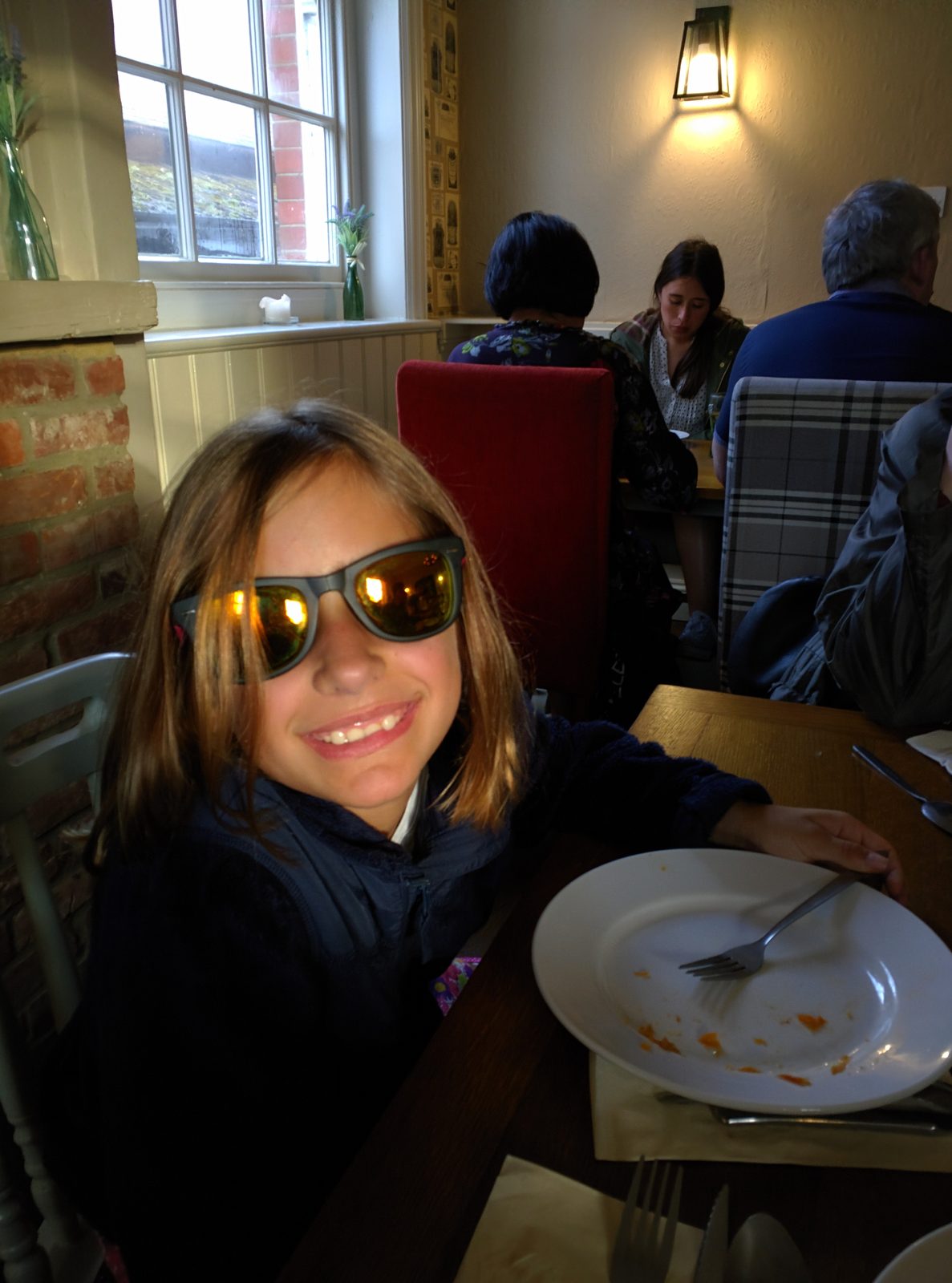 Lisa at dinner at the Stonehenge Inn and Carvery
