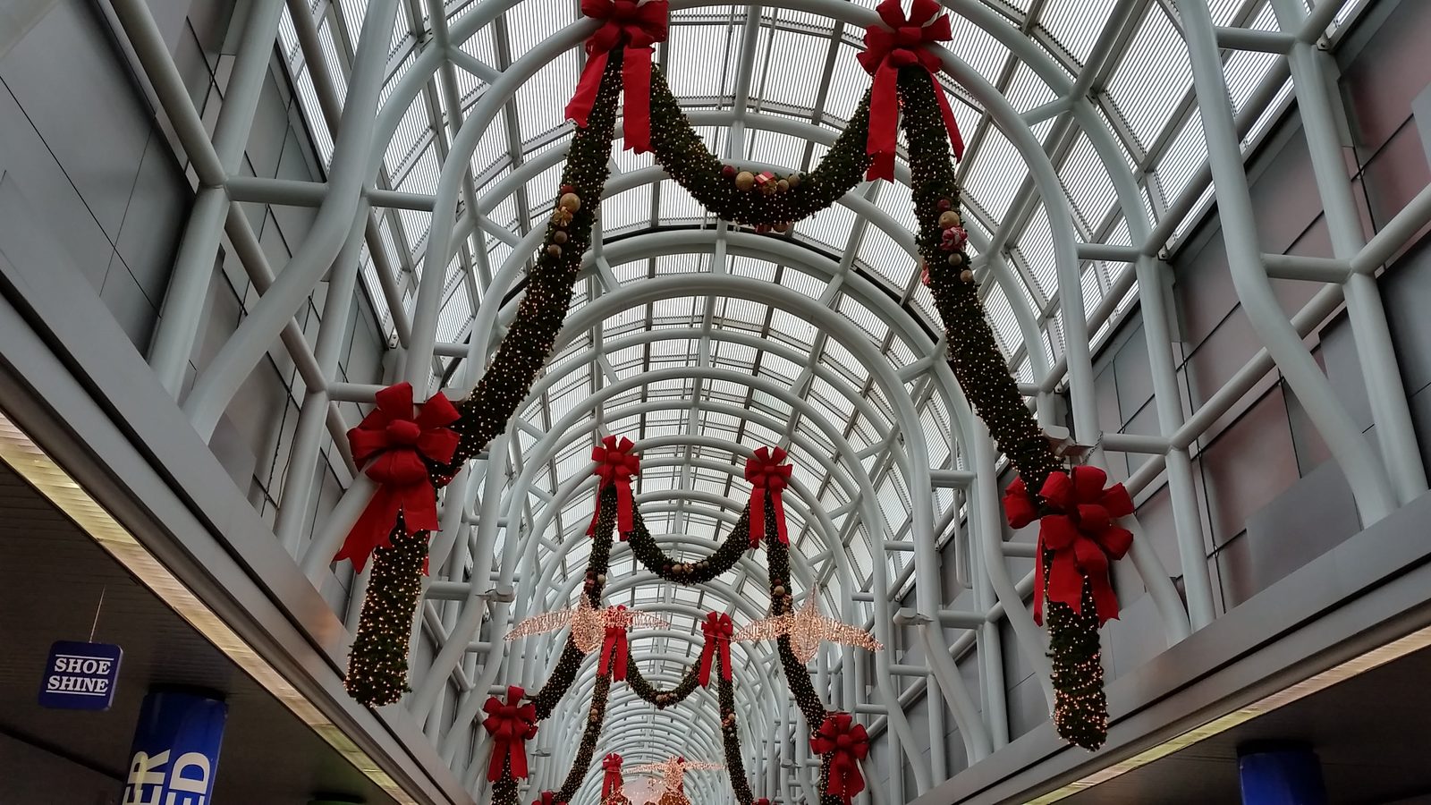 Christmas garlands strung through the O'Hare terminal