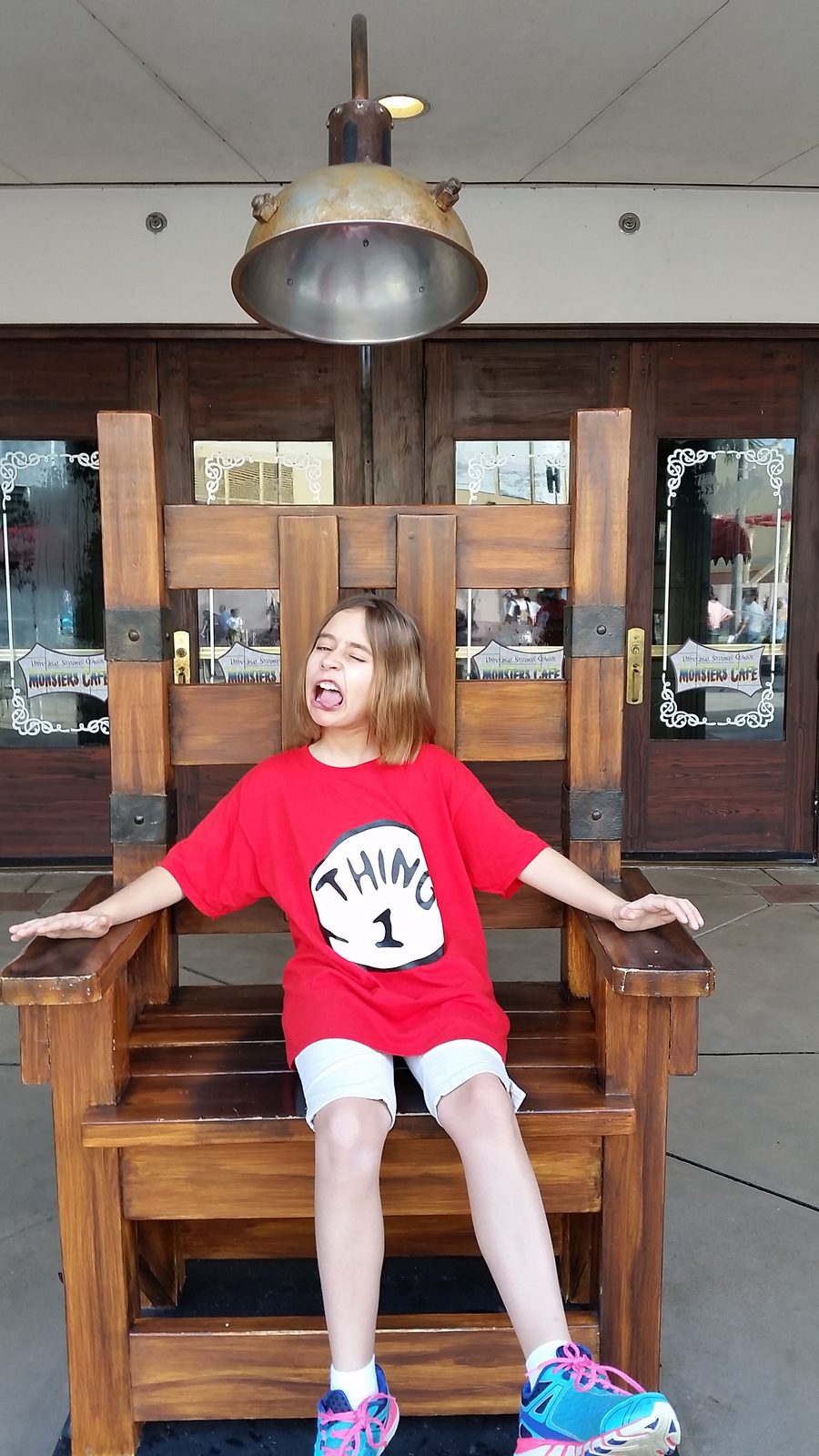 Lisa hamming it up in the electric chair