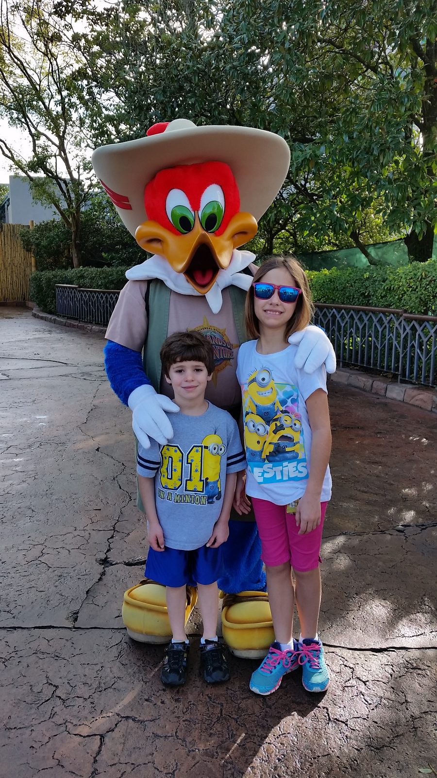 Thomas, Woody Woodpecker in his explorer outfit and Lisa at Islands of Adventure