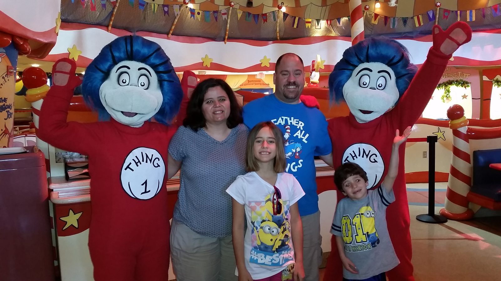 Thing 1, Kathy, Michael, Lisa, Thomas and Thing 2 at Islands of Adventure