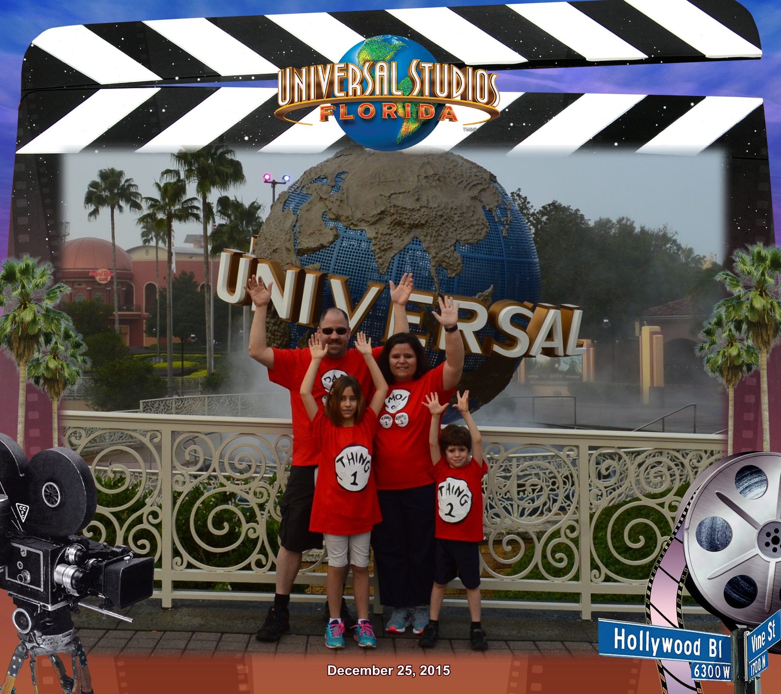 All four of us at the Universal Studios globe on Christmas morning