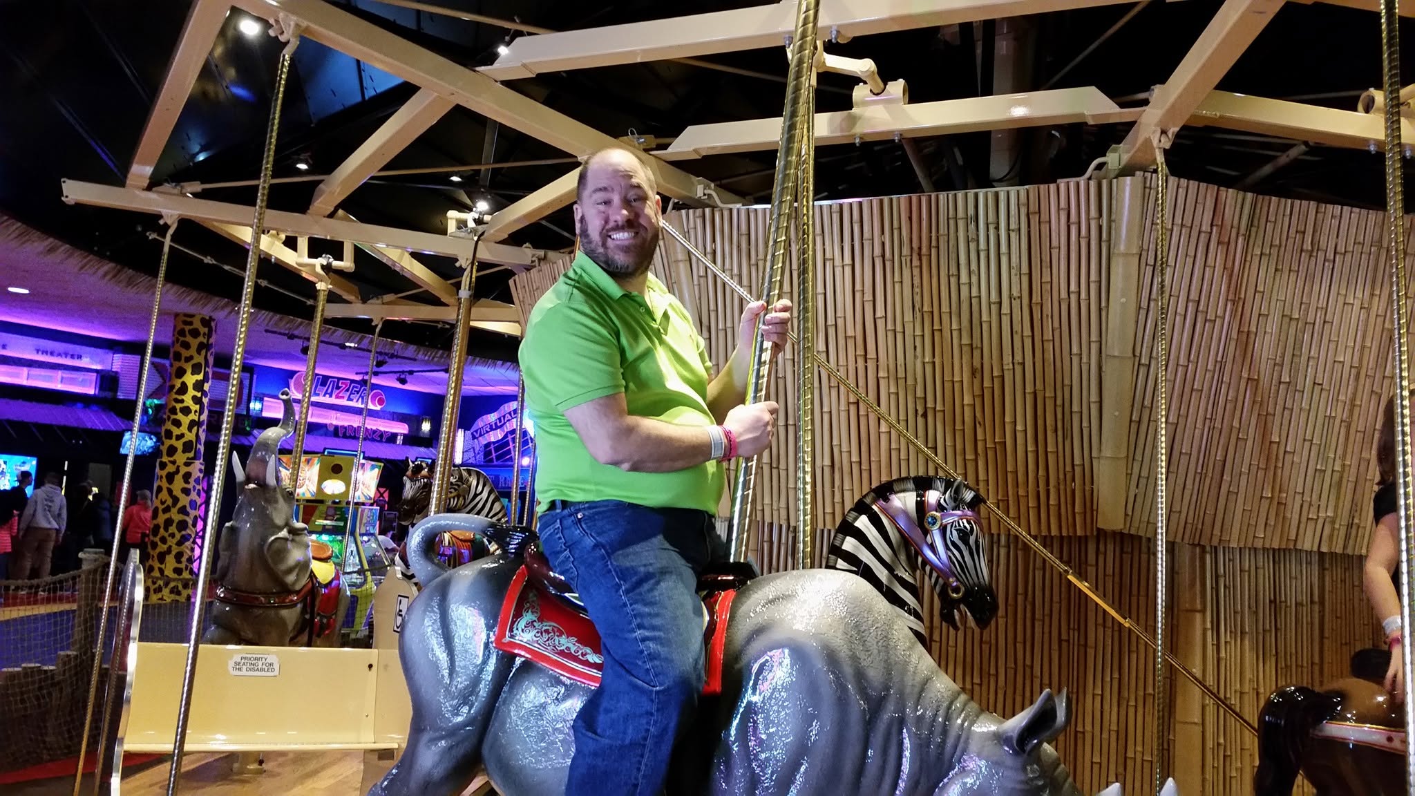 Michael on the zebra of the Kalahari carousel