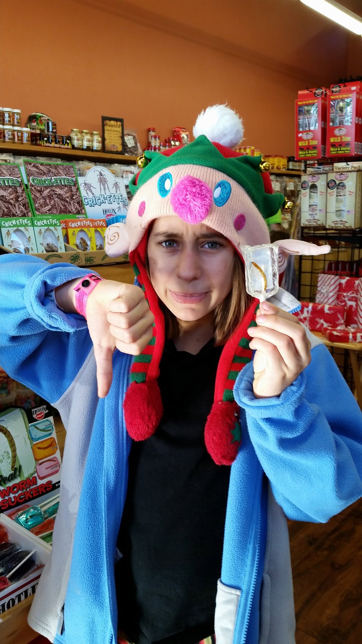 Lisa and her elf hat in the Kalahari shop