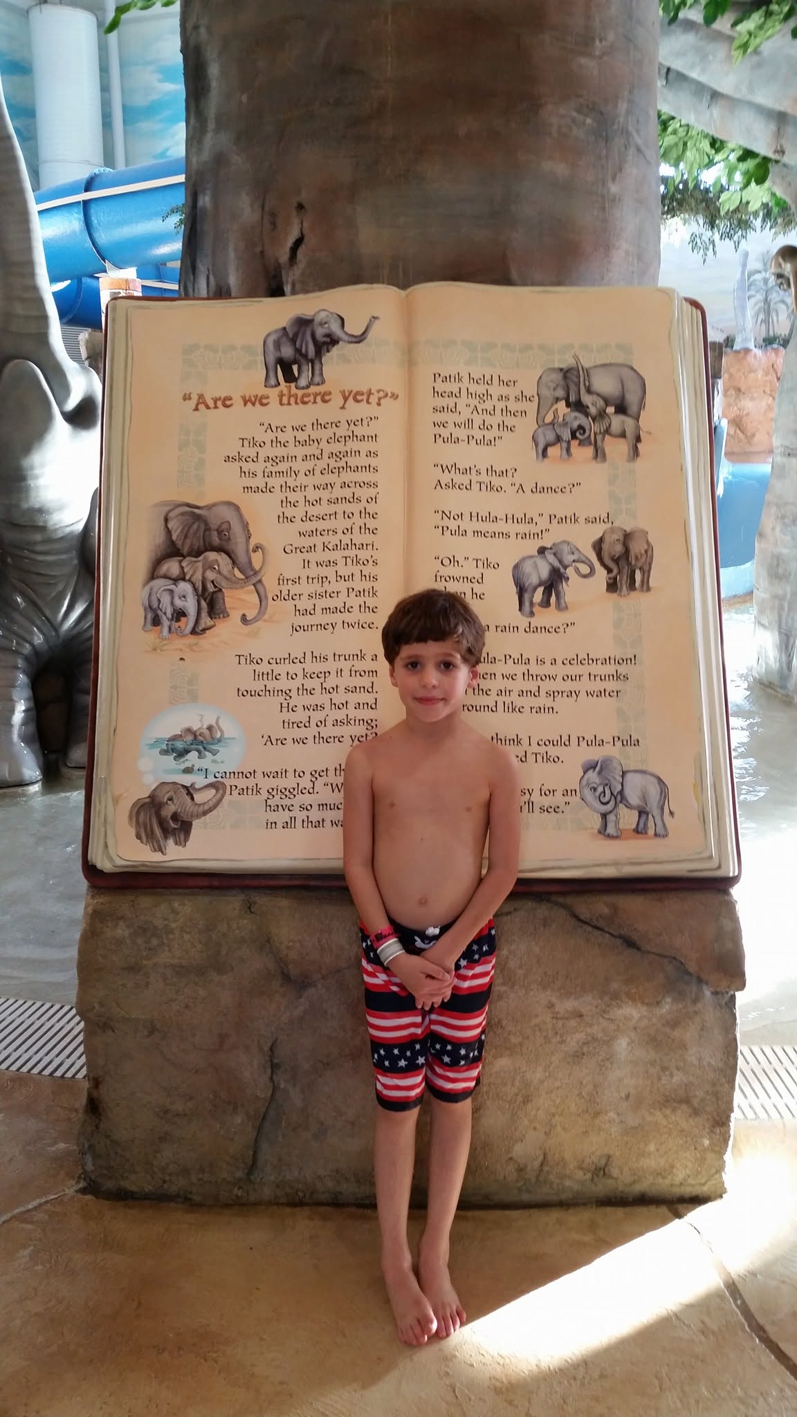 Thomas by the giant storybook at Kalahari
