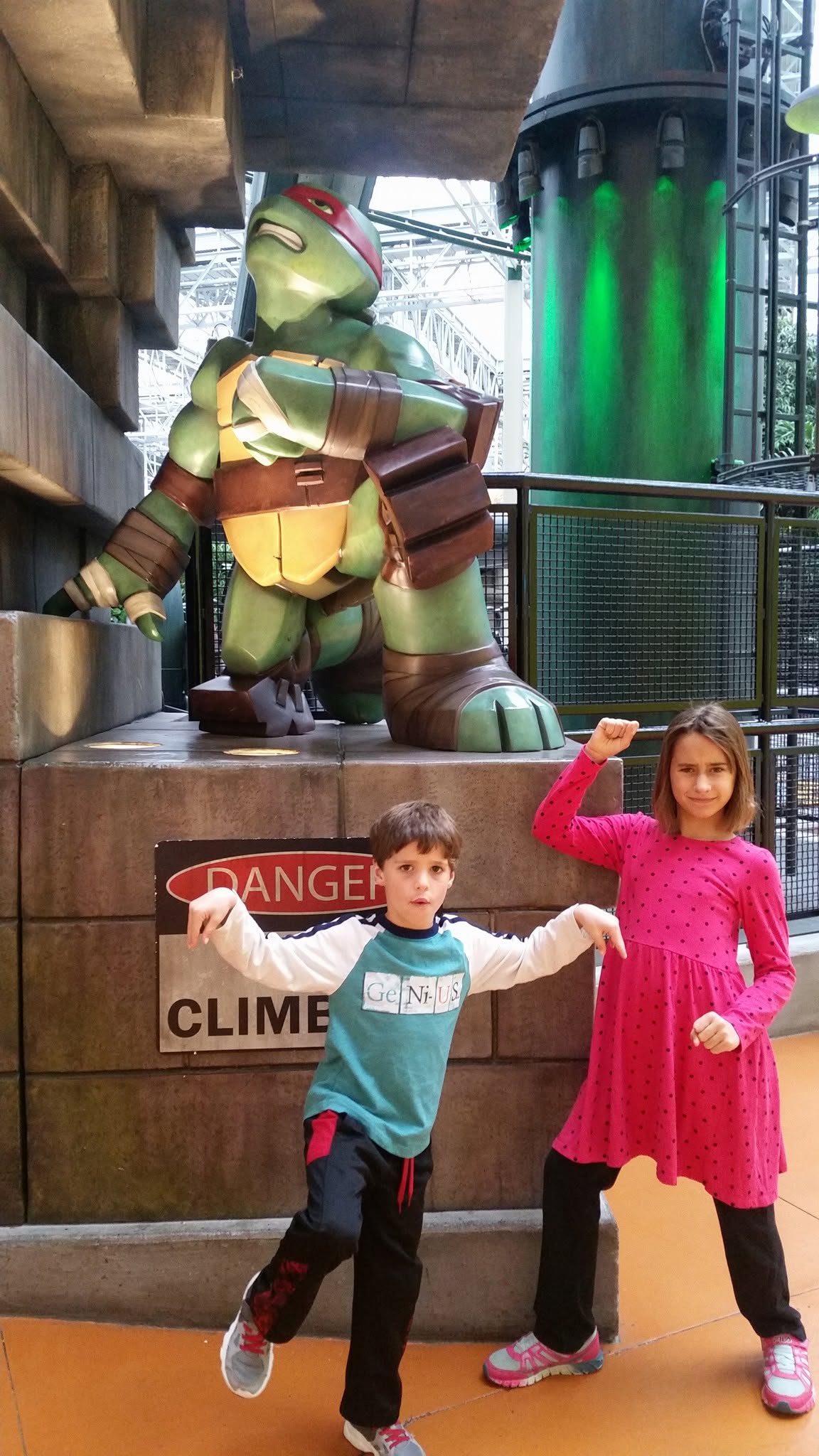 Thomas and Lisa with the Ninja Turtle at Nickelodeon Universe