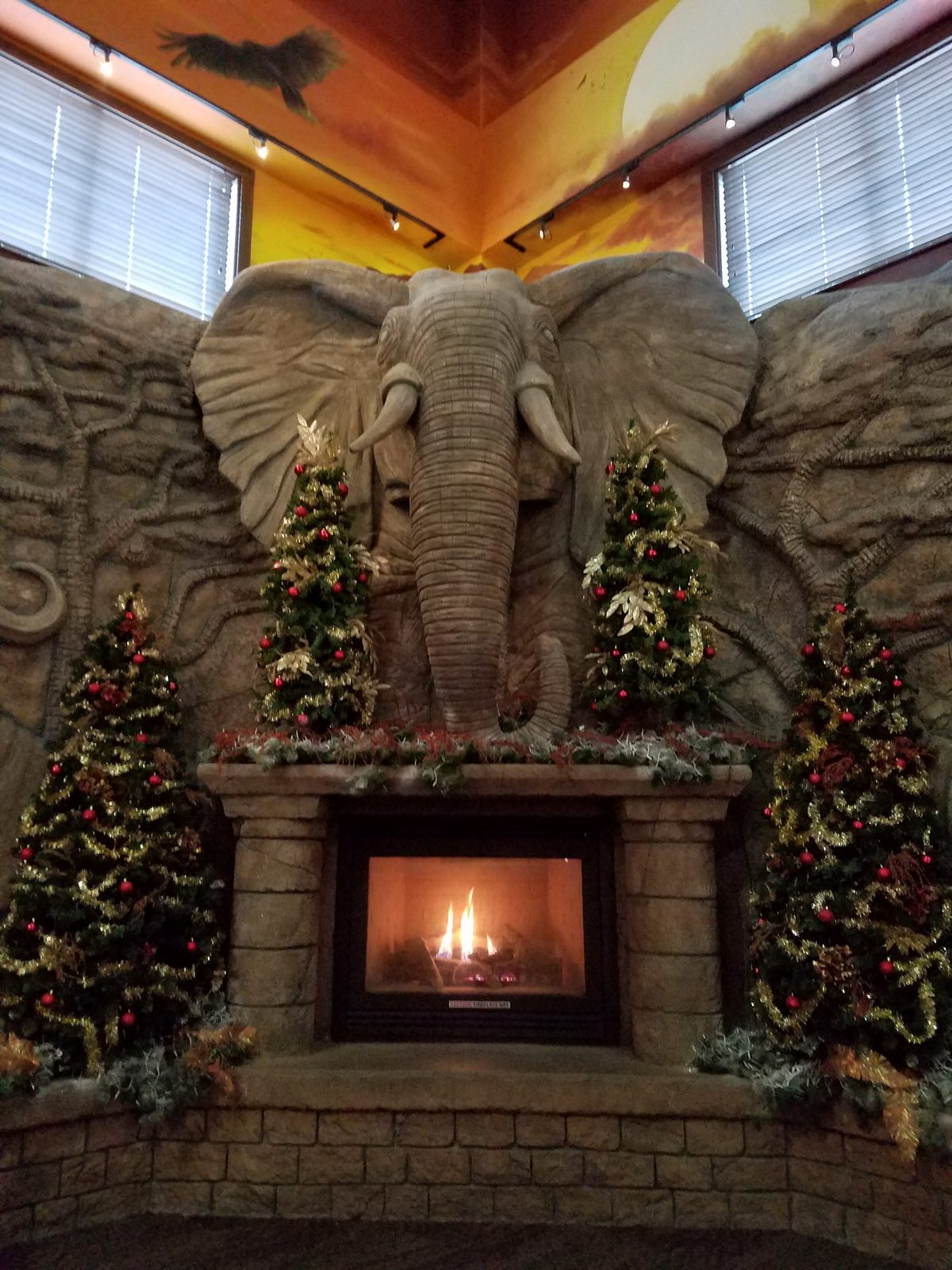 The carved stone elephant over the lobby fireplace