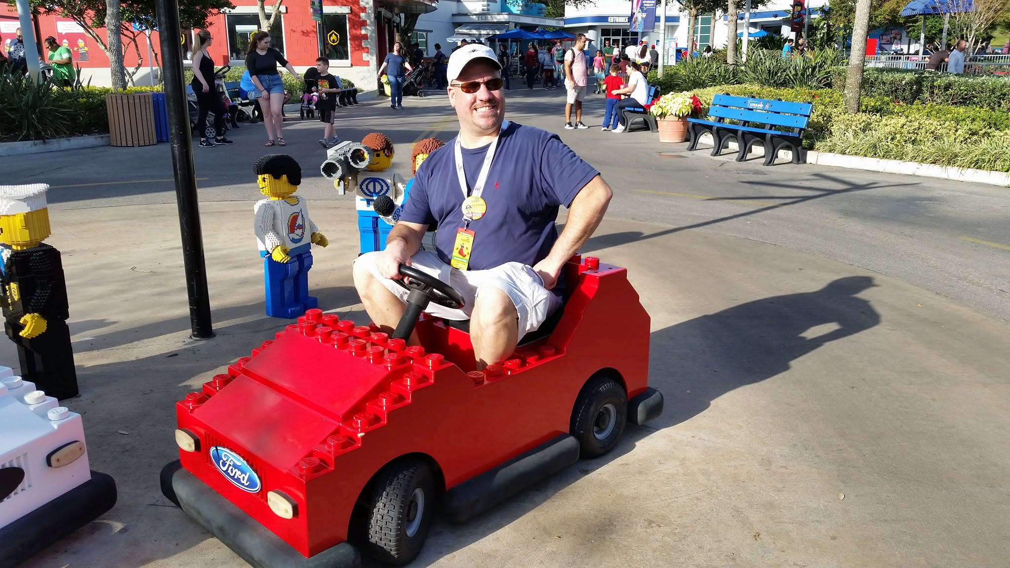 Michael in a red LEGO car at Legoland