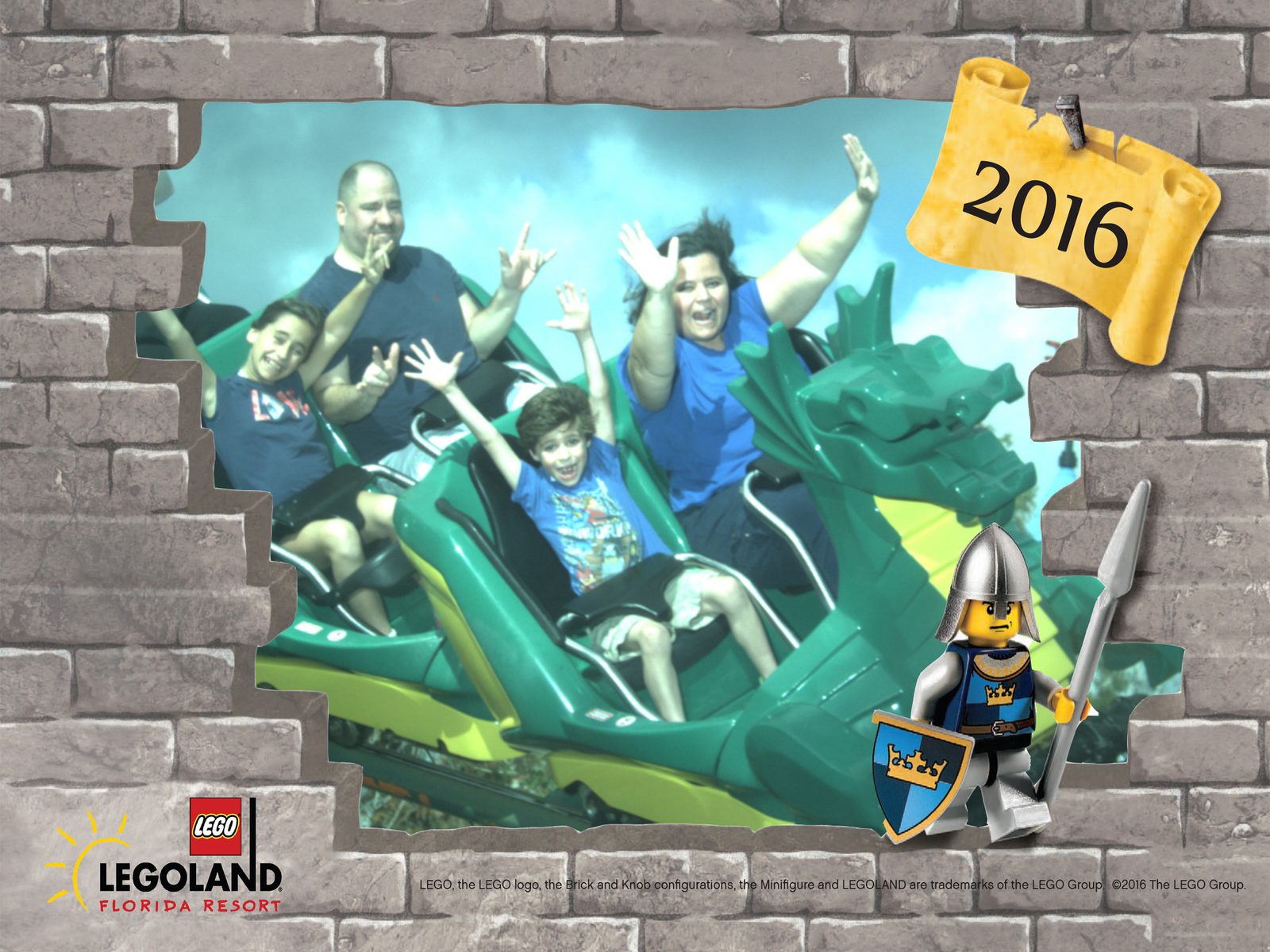 The four of us on the Dragon coaster at Legoland