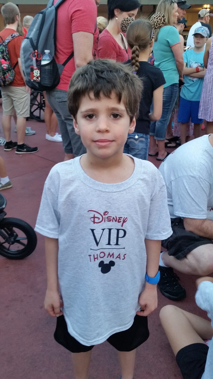 Thomas in his VIP shirt before the Magic Kingdom opened