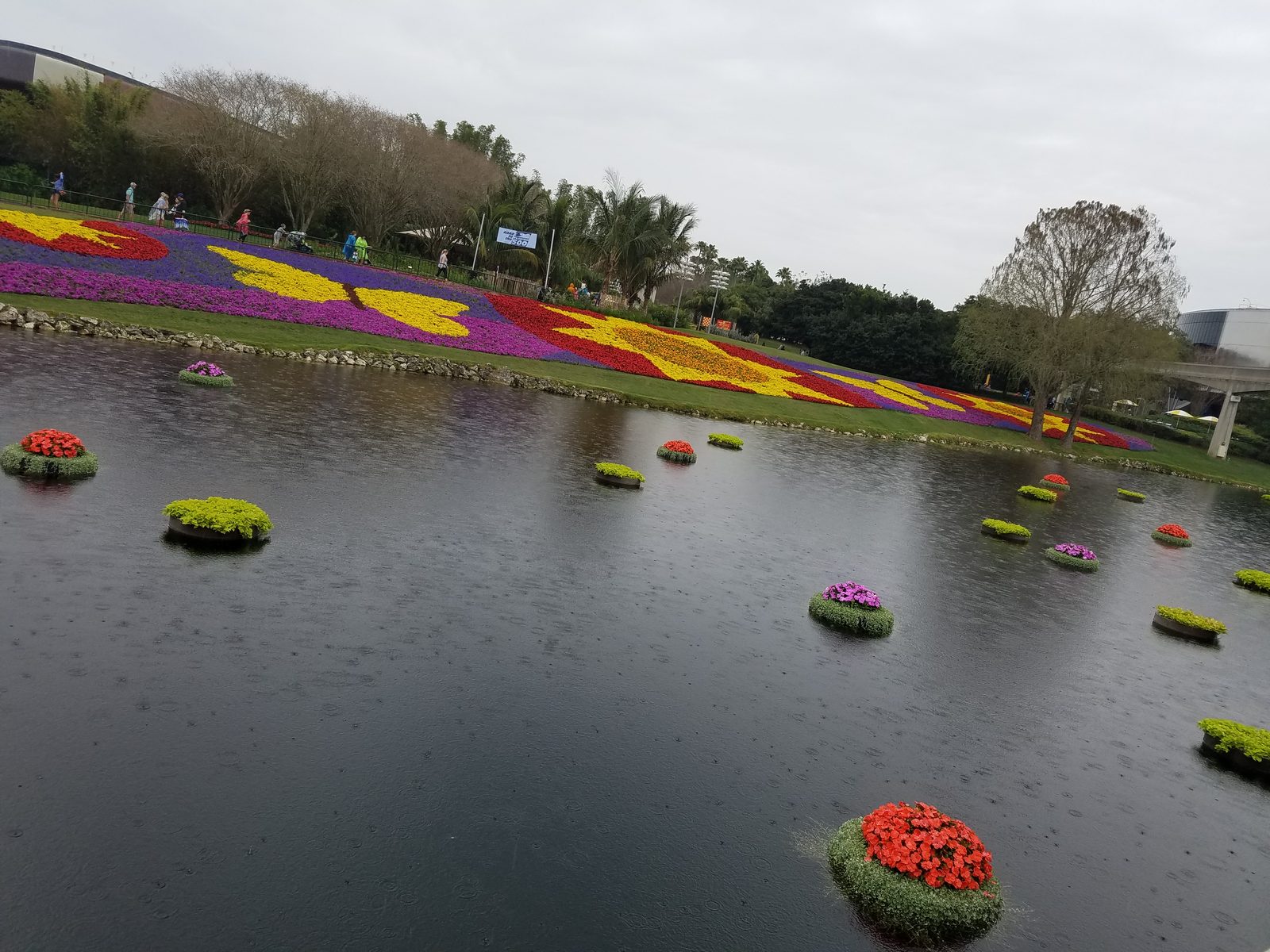 Flower displays floating on the lagoon