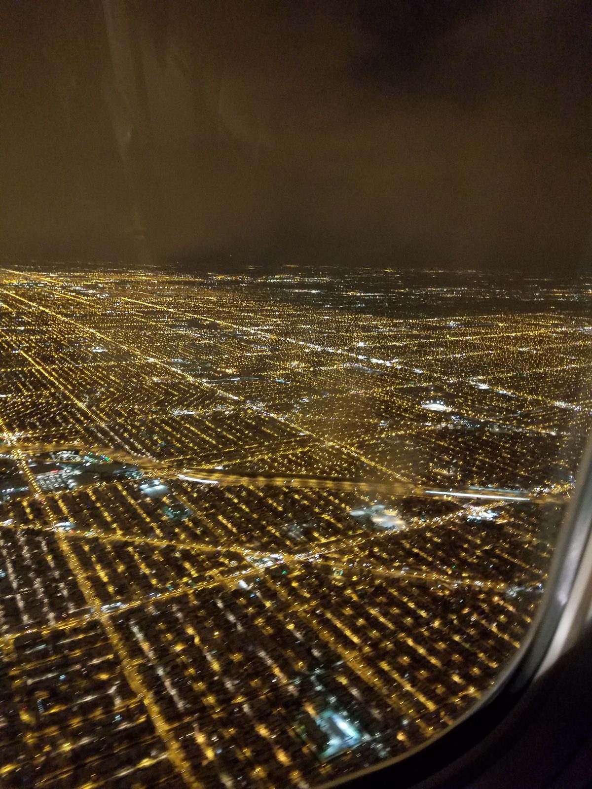 City lights on the descent into Chicago