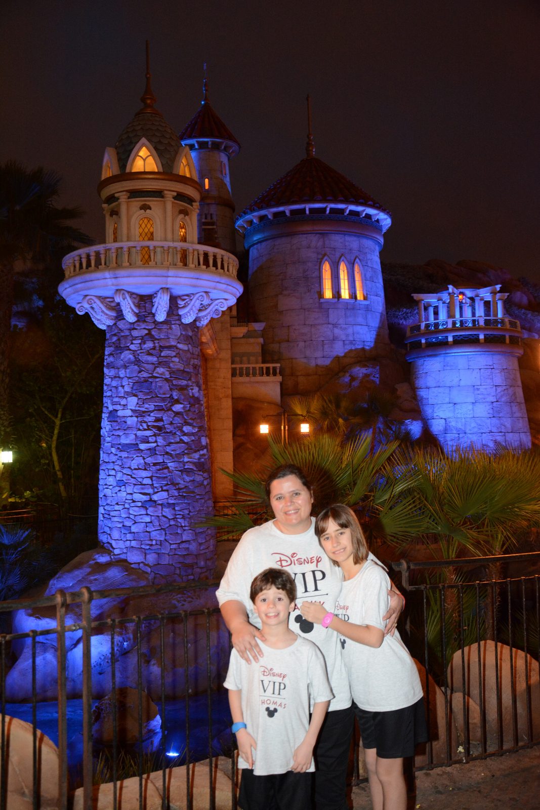 The castle lit up blue behind us
