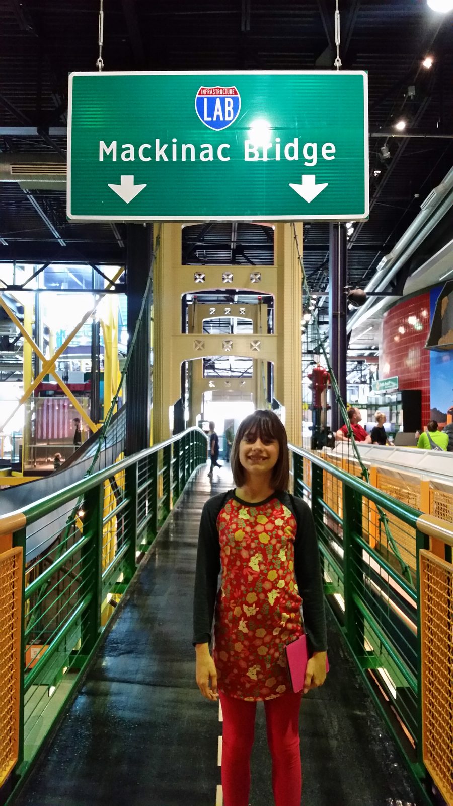 Lisa on the indoor Mackinac Bridge walk