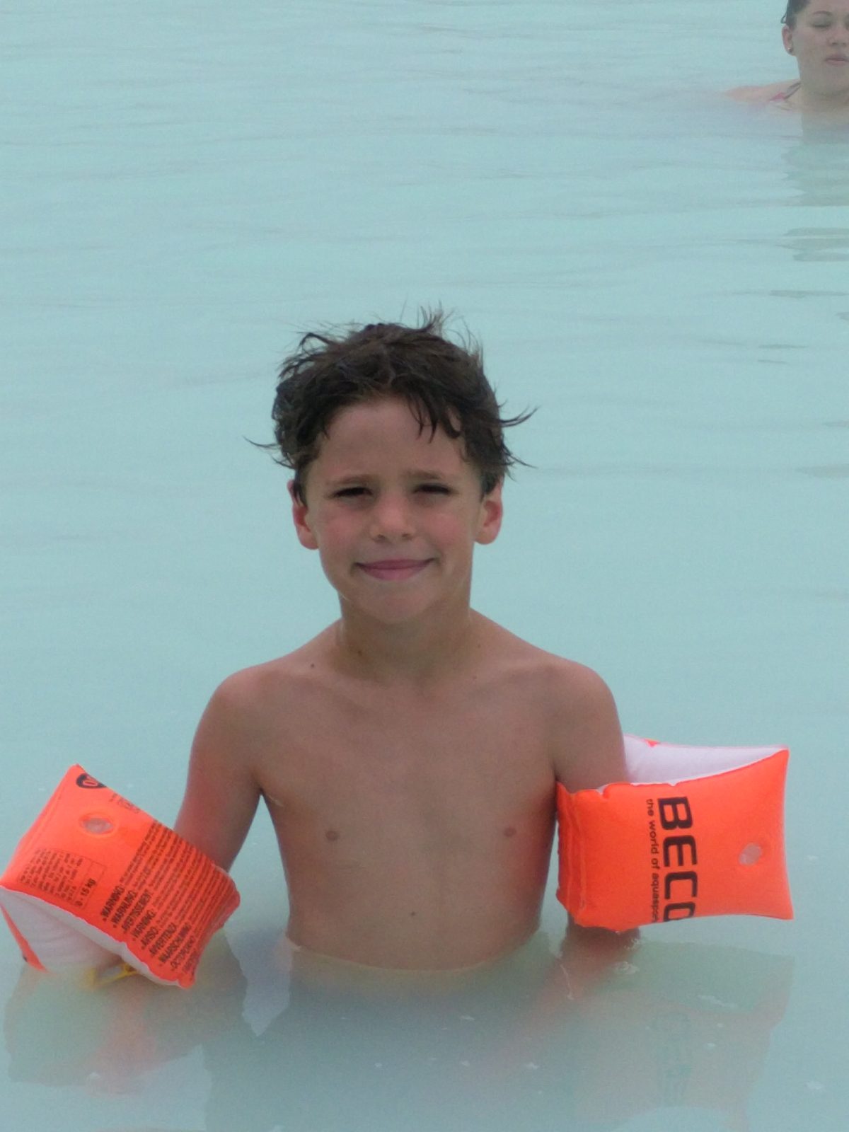 Thomas in his orange arm bands at the Blue Lagoon
