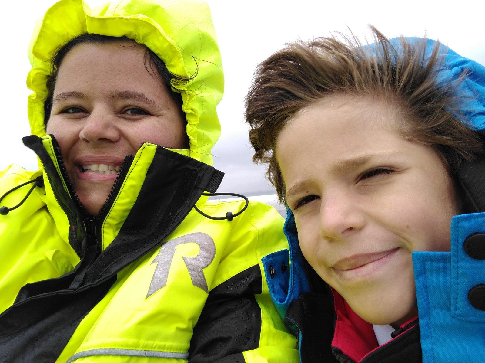 Kathy and Thomas windblown on the boat deck