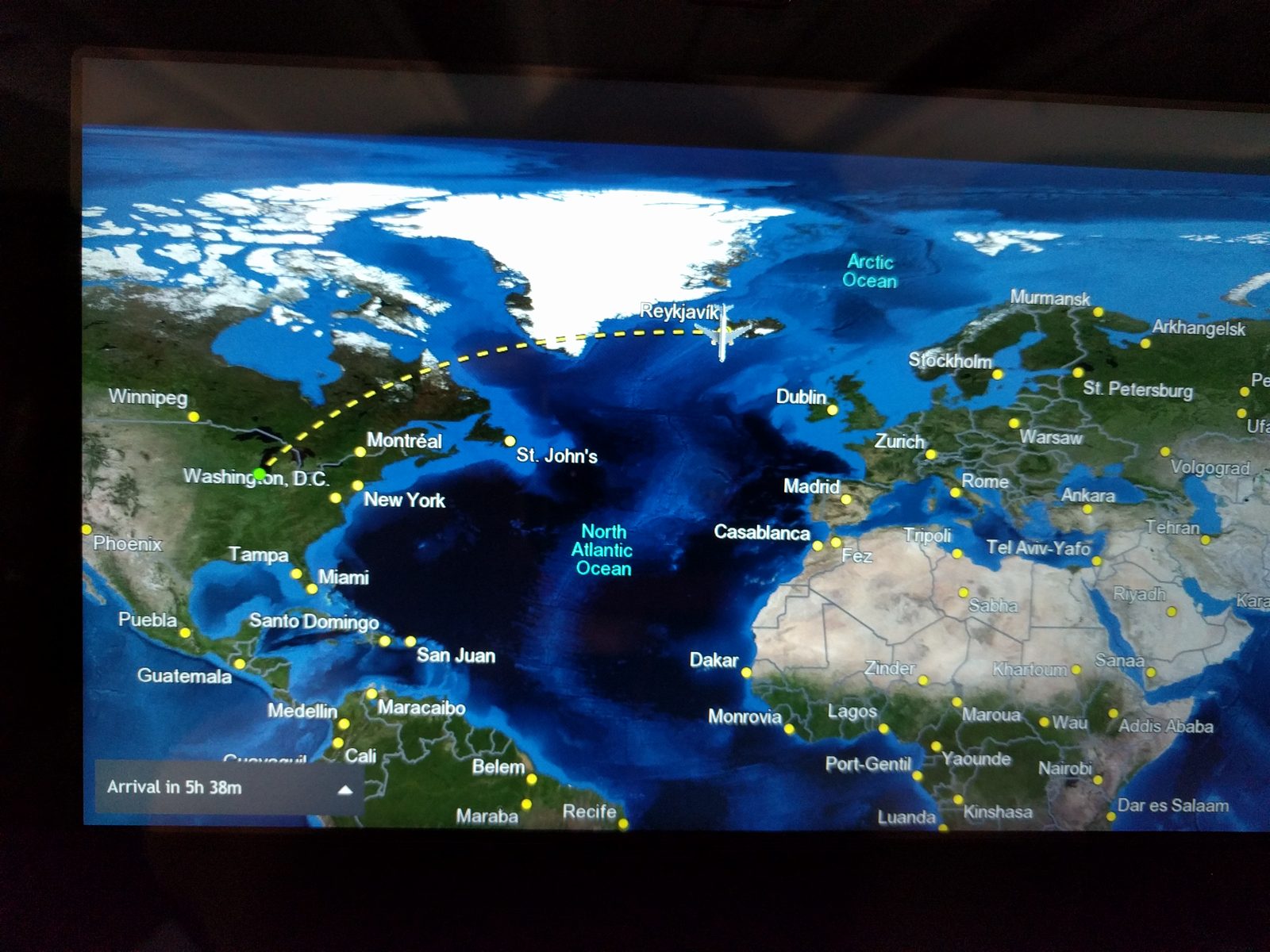 Tracking our route over Greenland on the seatback map