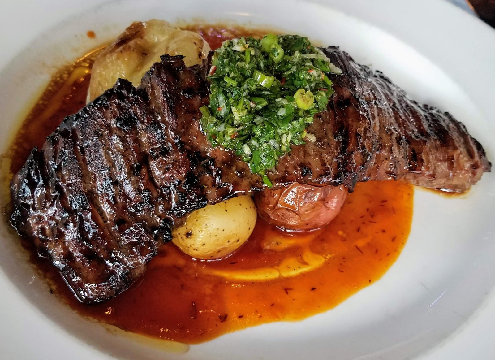 Grilled steak with green sauce for dinner