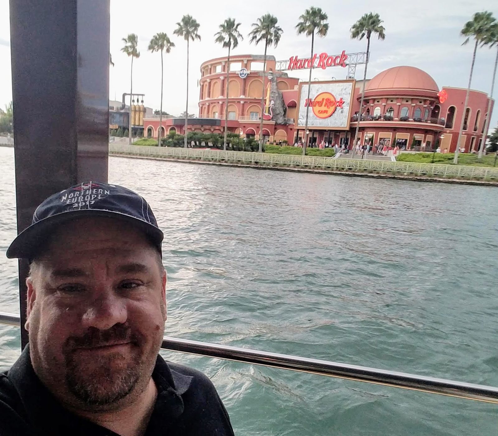 Selfie on the water with the Hard Rock sign behind me