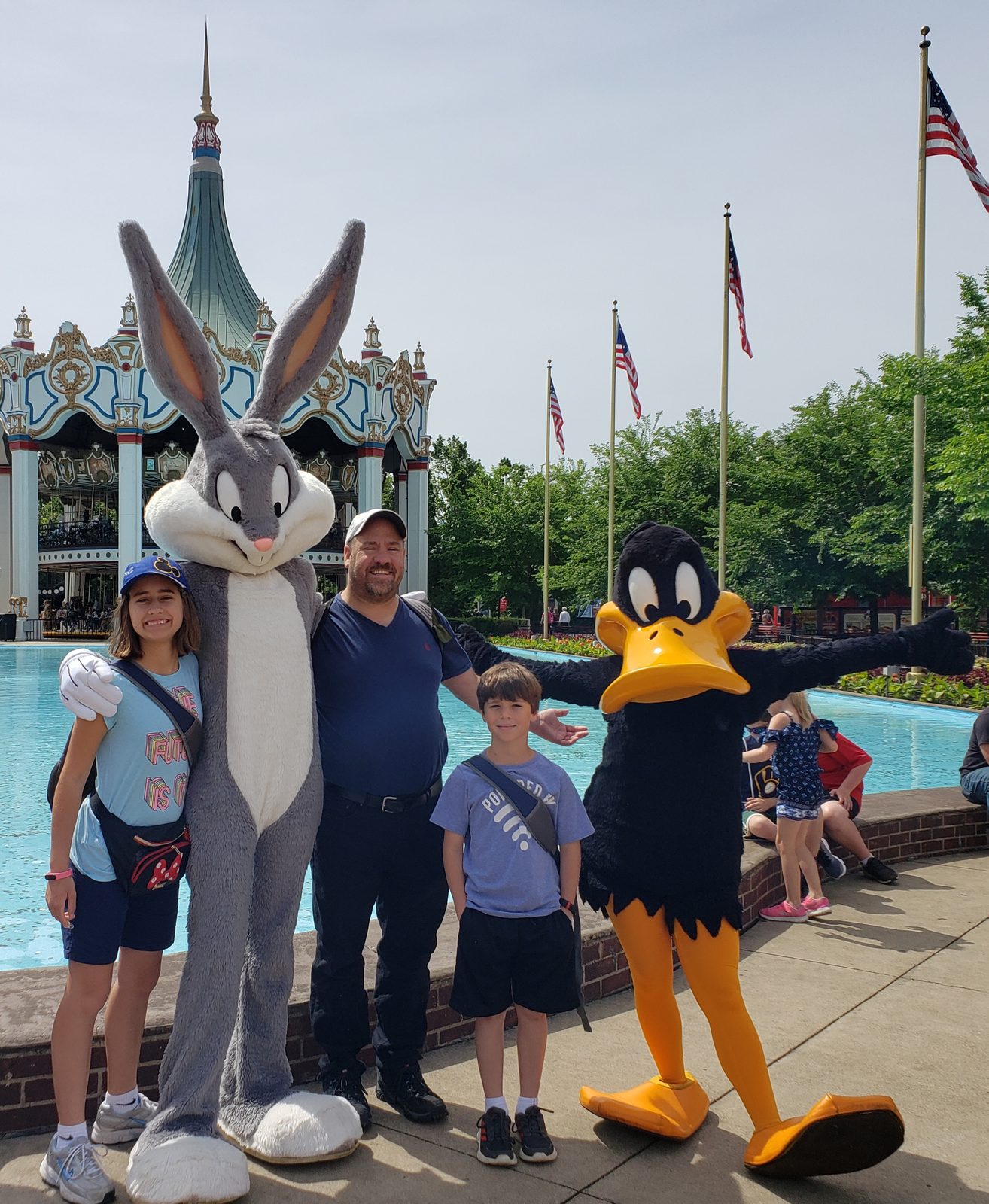 The three of us with Bugs Bunny and Daffy Duck