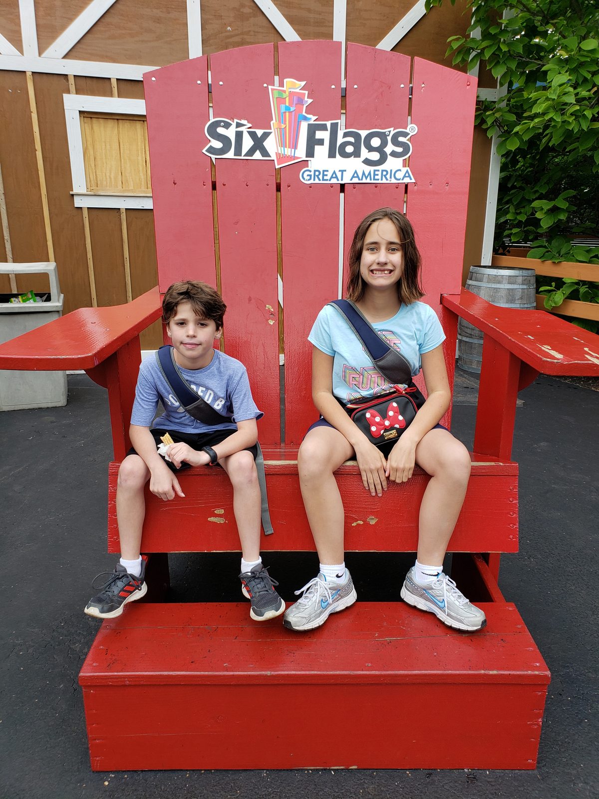 Lisa and Thomas on the big red Six Flags bench