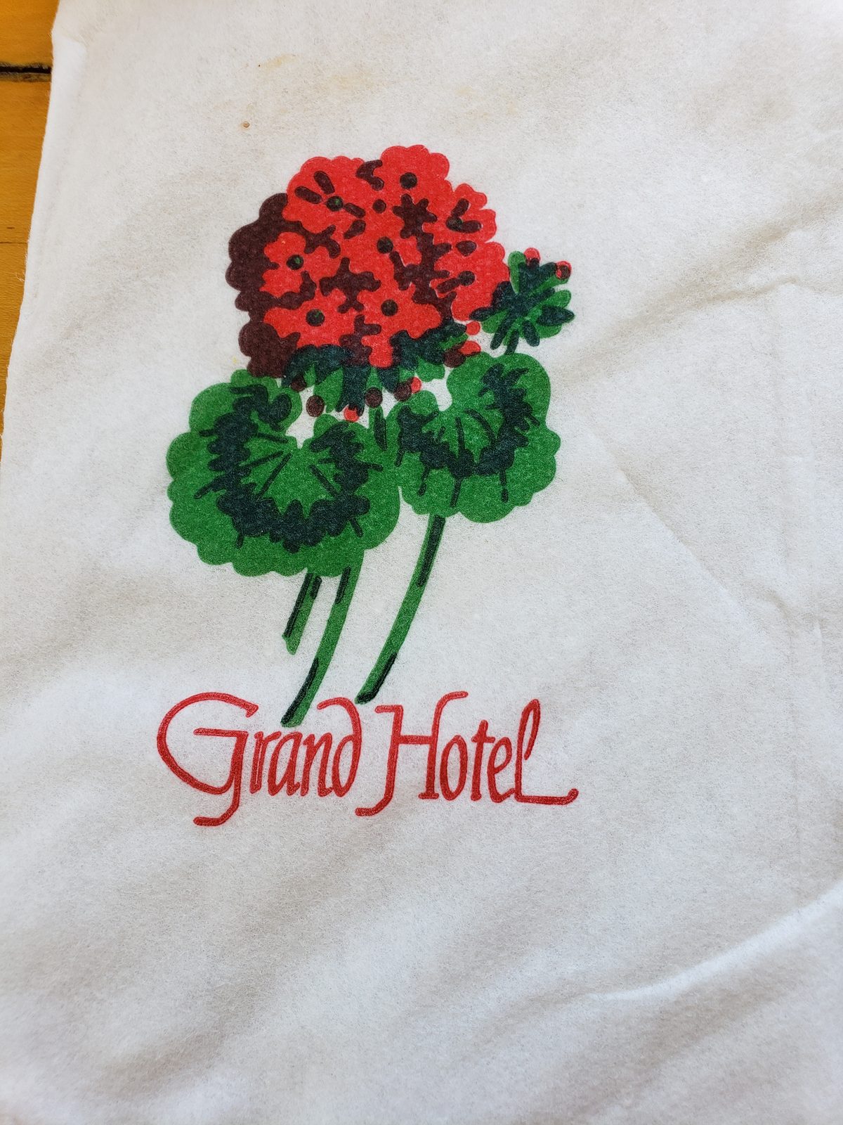 A Grand Hotel napkin at lunch in the fort's tea room