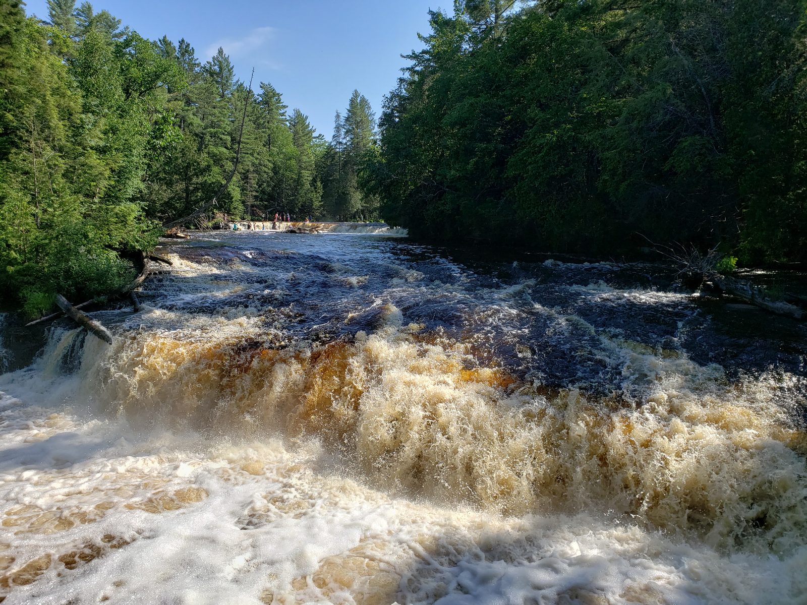 The brown water tumbling at Tahquamenon Falls
