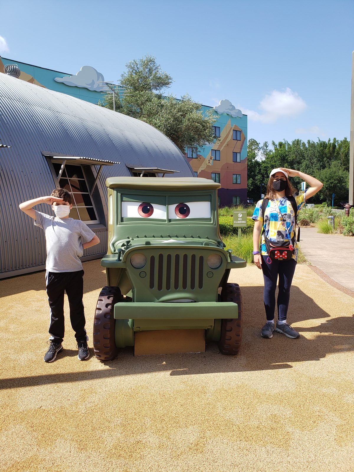 We salute Sarge outside our Cars-themed building