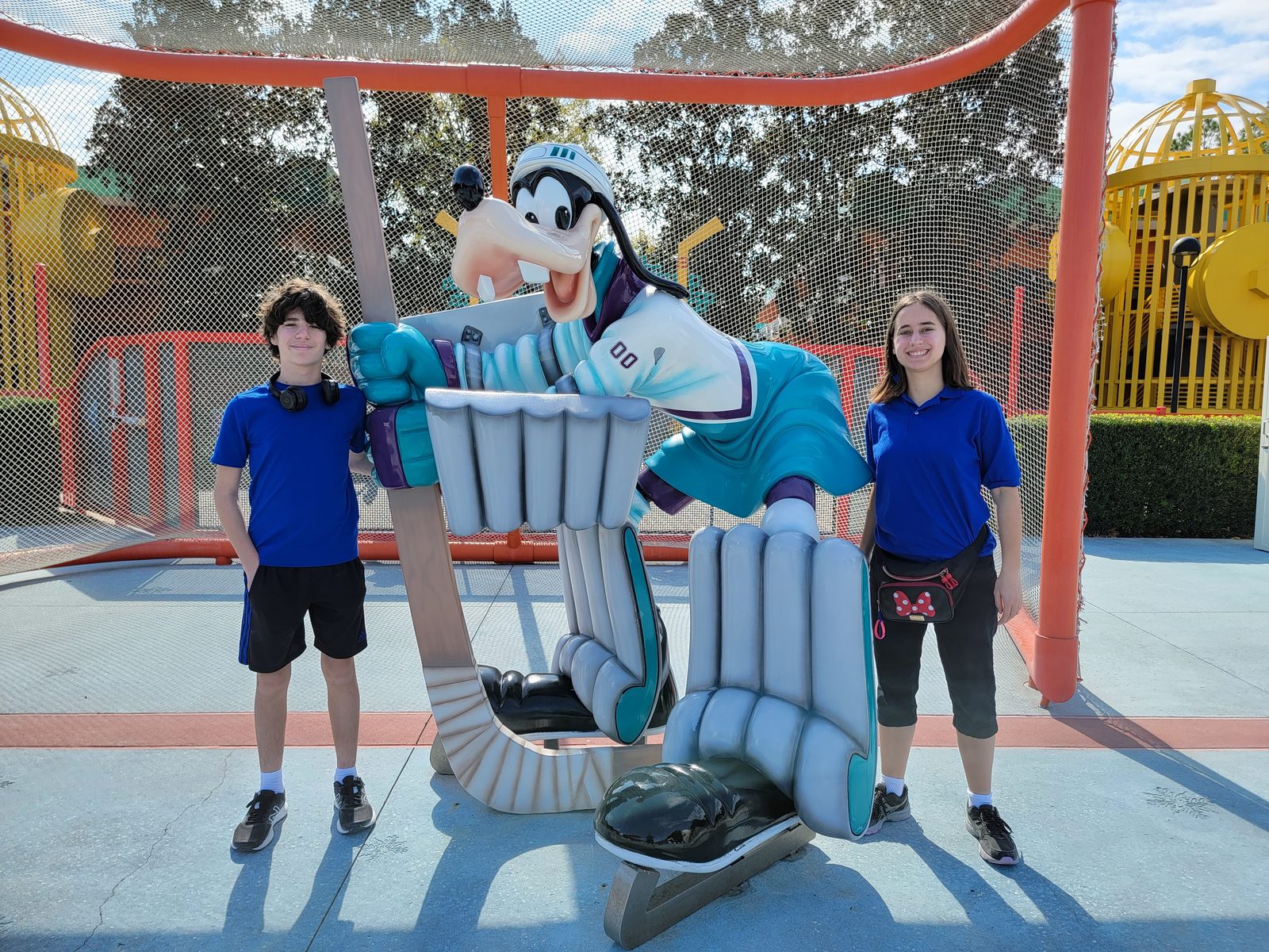 Thomas and Lisa with goalie Goofy at All-Star Movies