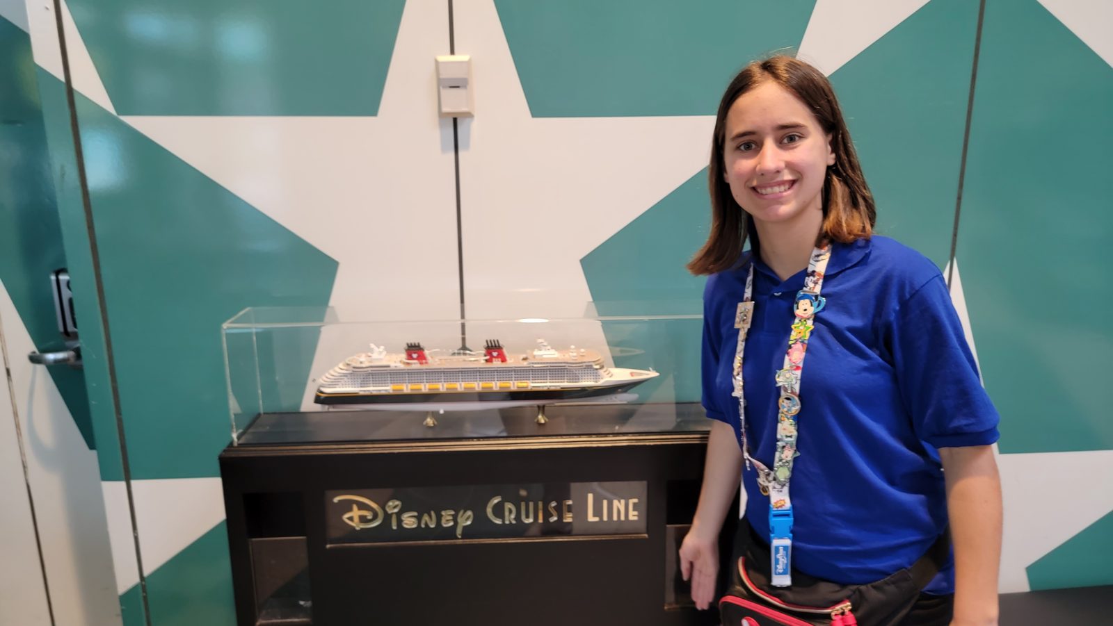 Lisa by the ship model before our cruise