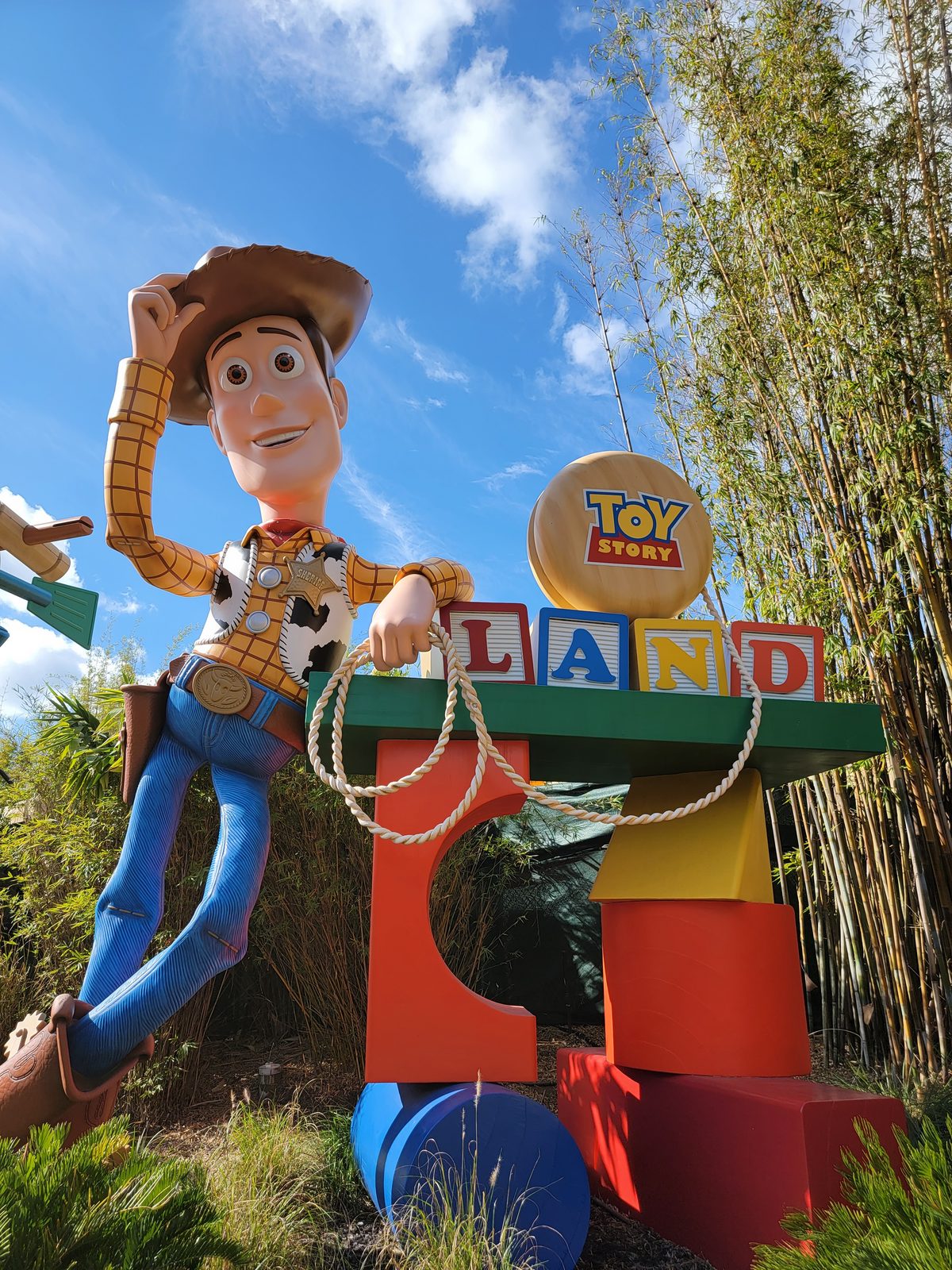 The Woody statue at the Toy Story Land entrance