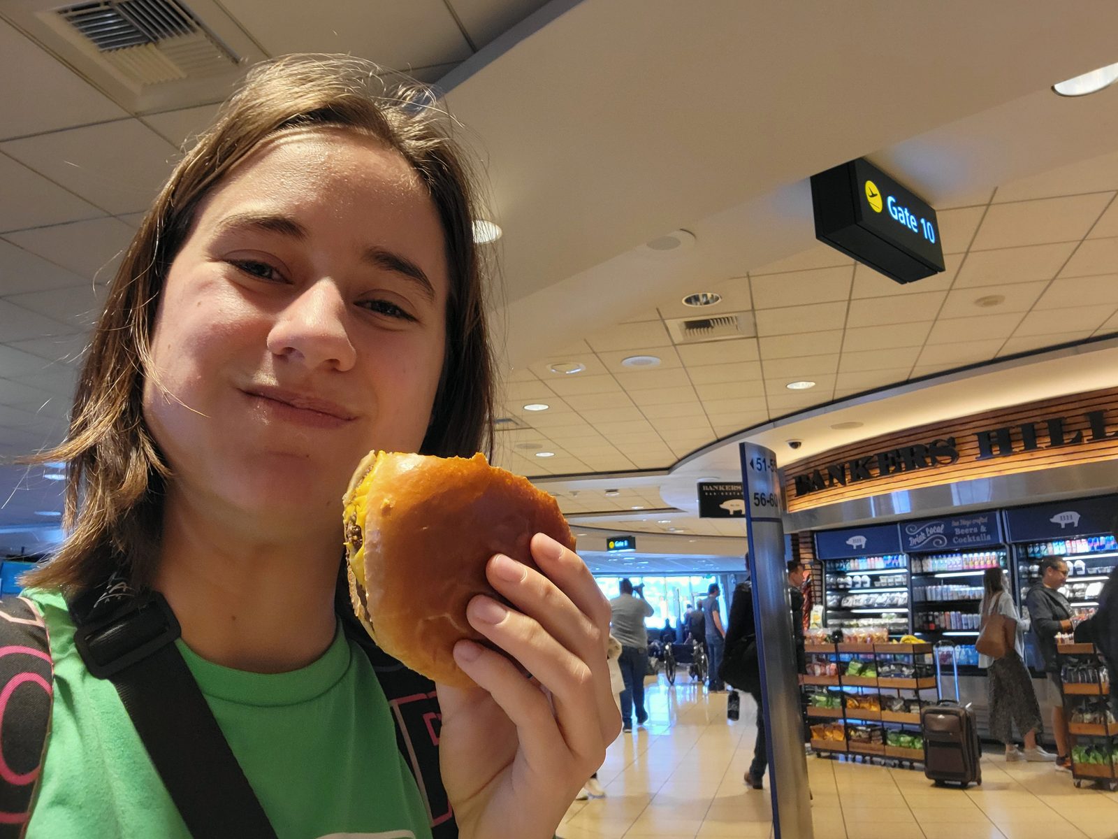 Lisa with a snack at the San Diego airport