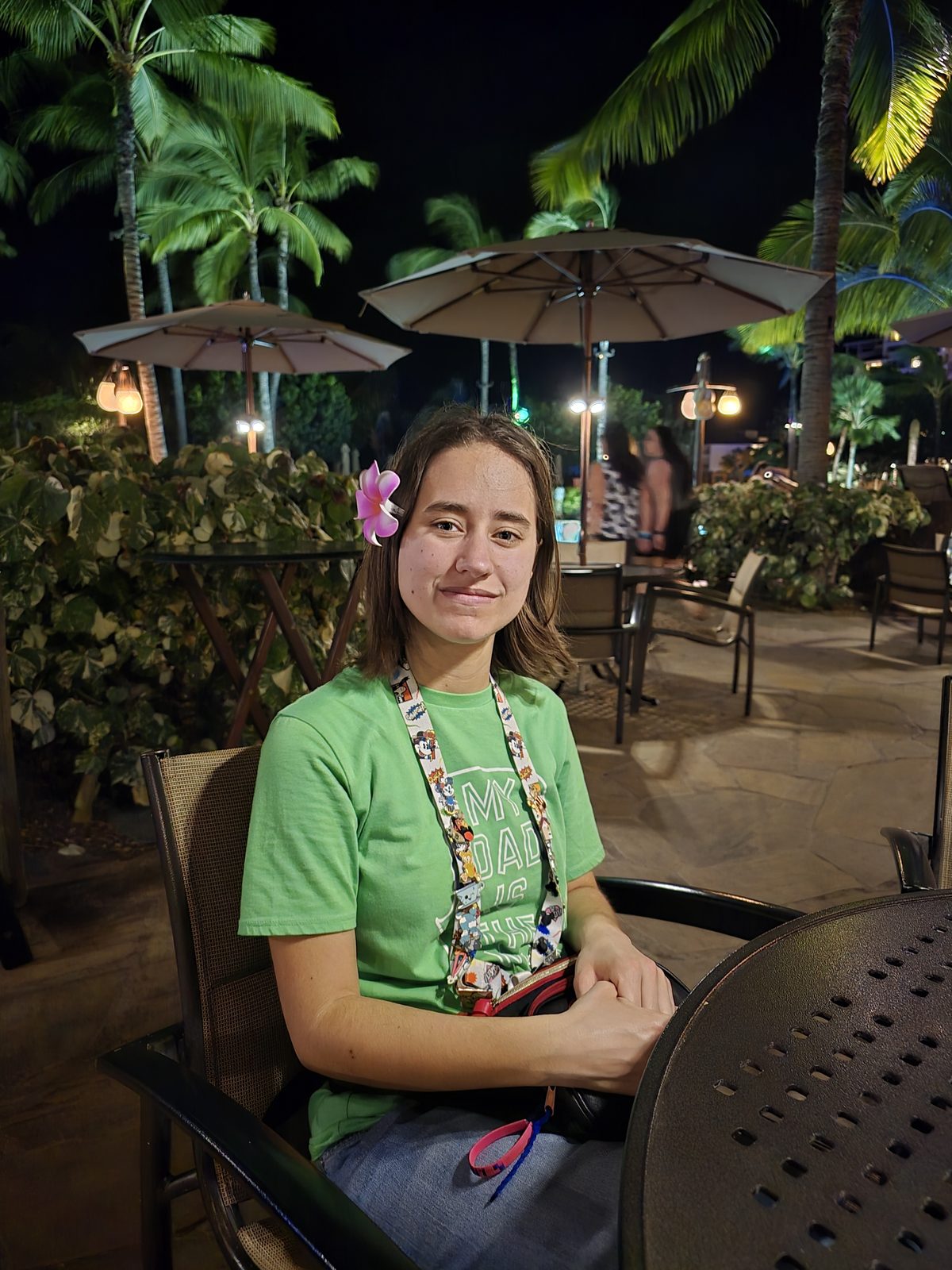 Lisa at dinner under the palms, our first night