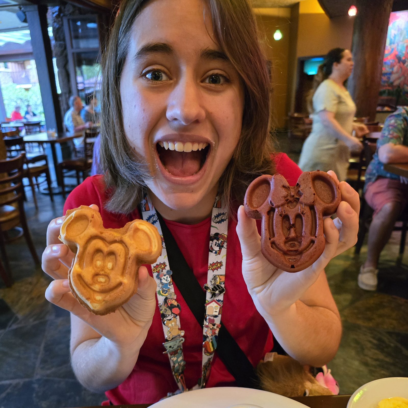 Lisa with her Mickey and Minnie waffles
